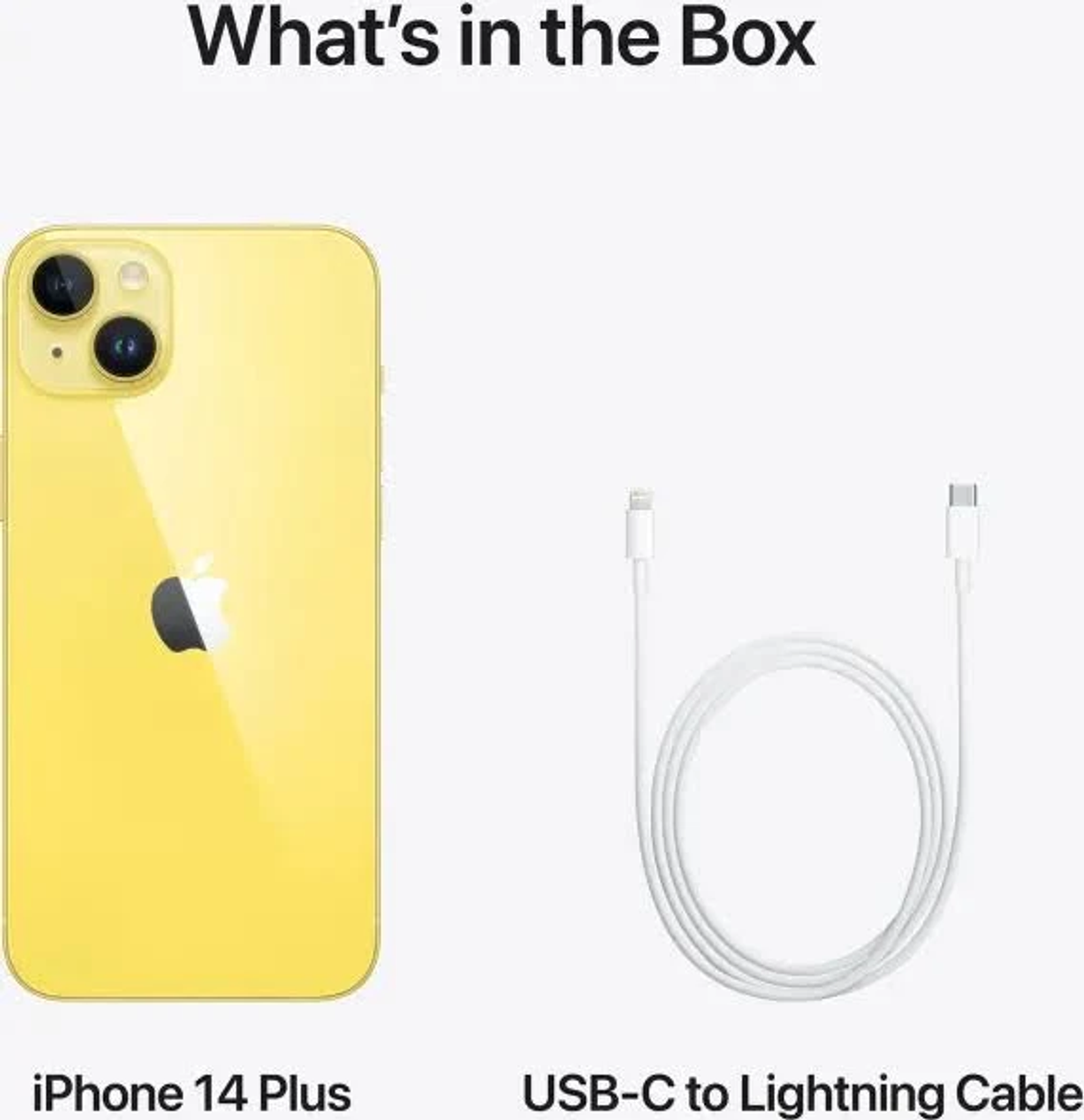 iPhone 14 Plus (żółty) i kabel USB-C do Lightning na białym tle. Etykiety tekstowe identyfikują każdy element.