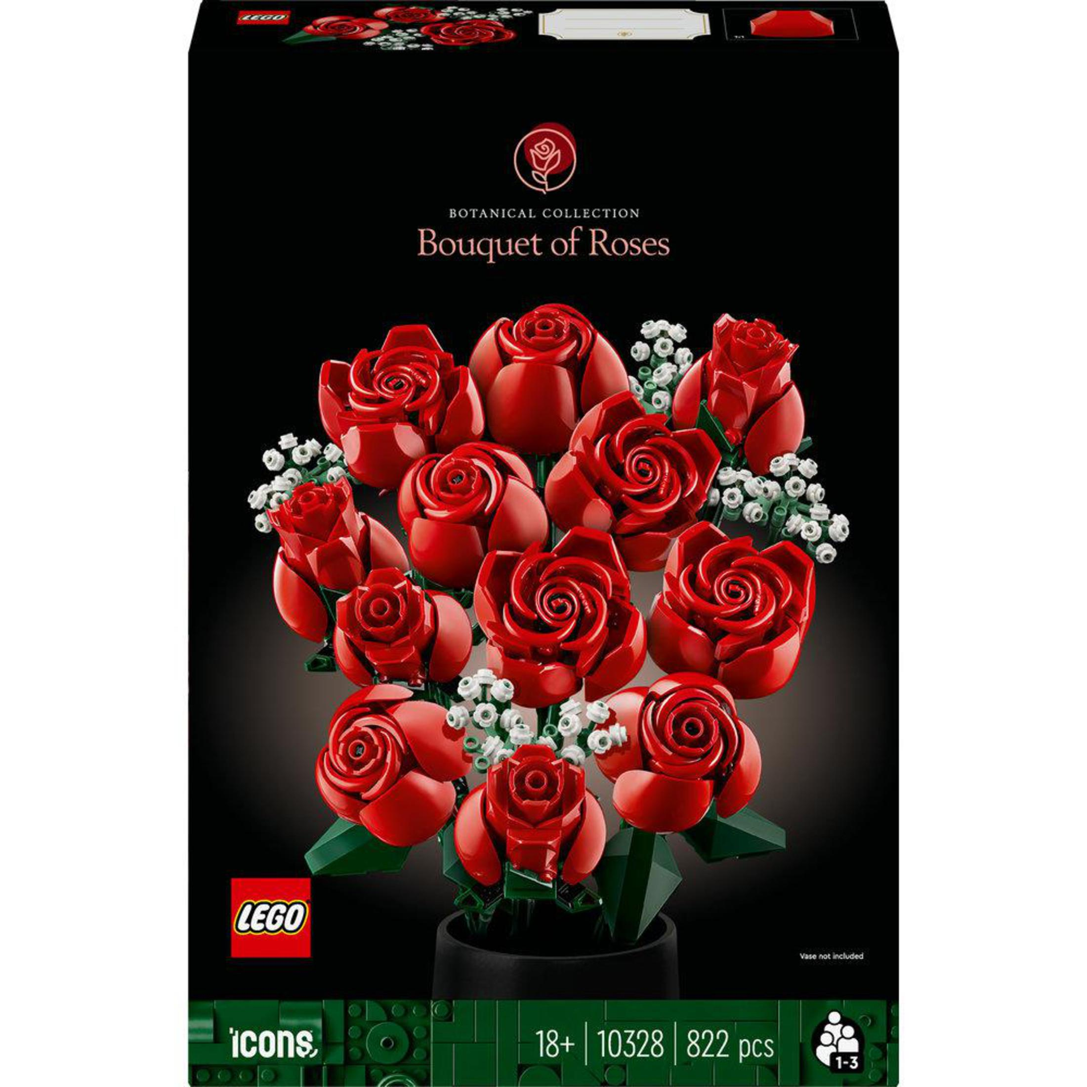 Lego set van rode rozenboeket in zwarte doos. Rozen en witte vulbloemen. 'Bouquet of Roses' op doos.