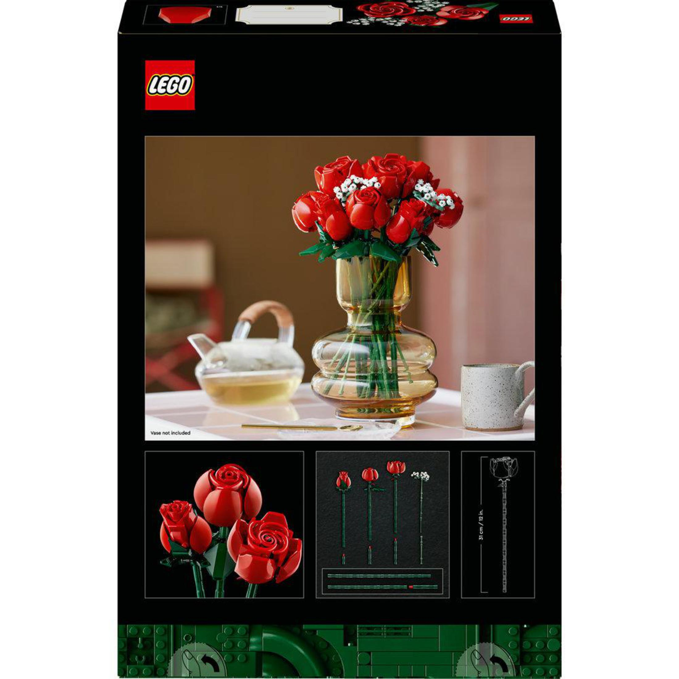 LEGO-setdoos met een boeket rode rozen in een vaas, plus details en instructies.