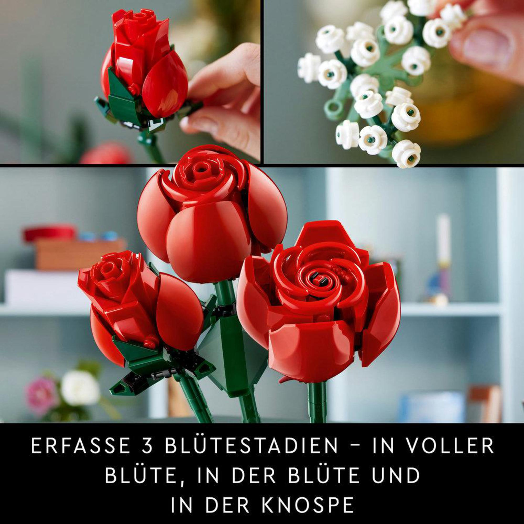 Lego rozen in verschillende bloeifasen. Boven: knop en lelietje-van-dalen. Onder: drie open rode rozen.