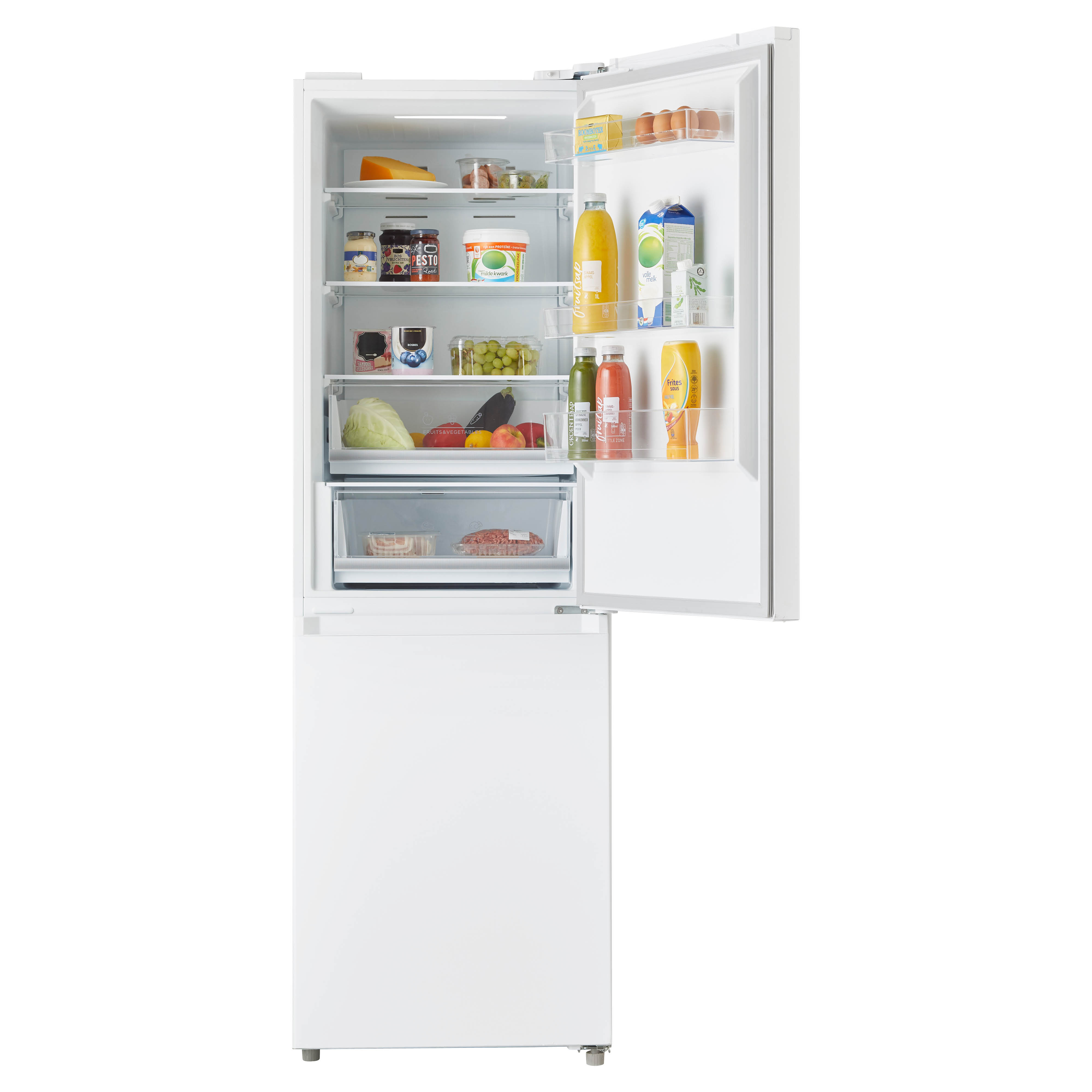 Een witte koelkast met de deur open, gevuld met voedsel.