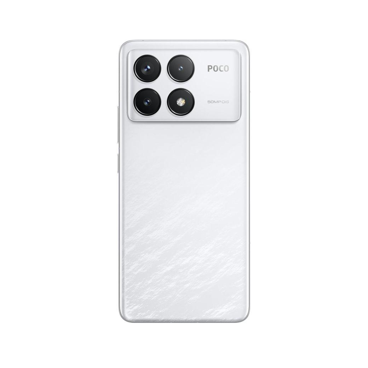 De achterkant van een witte POCO-smartphone met een cameracluster en branding.