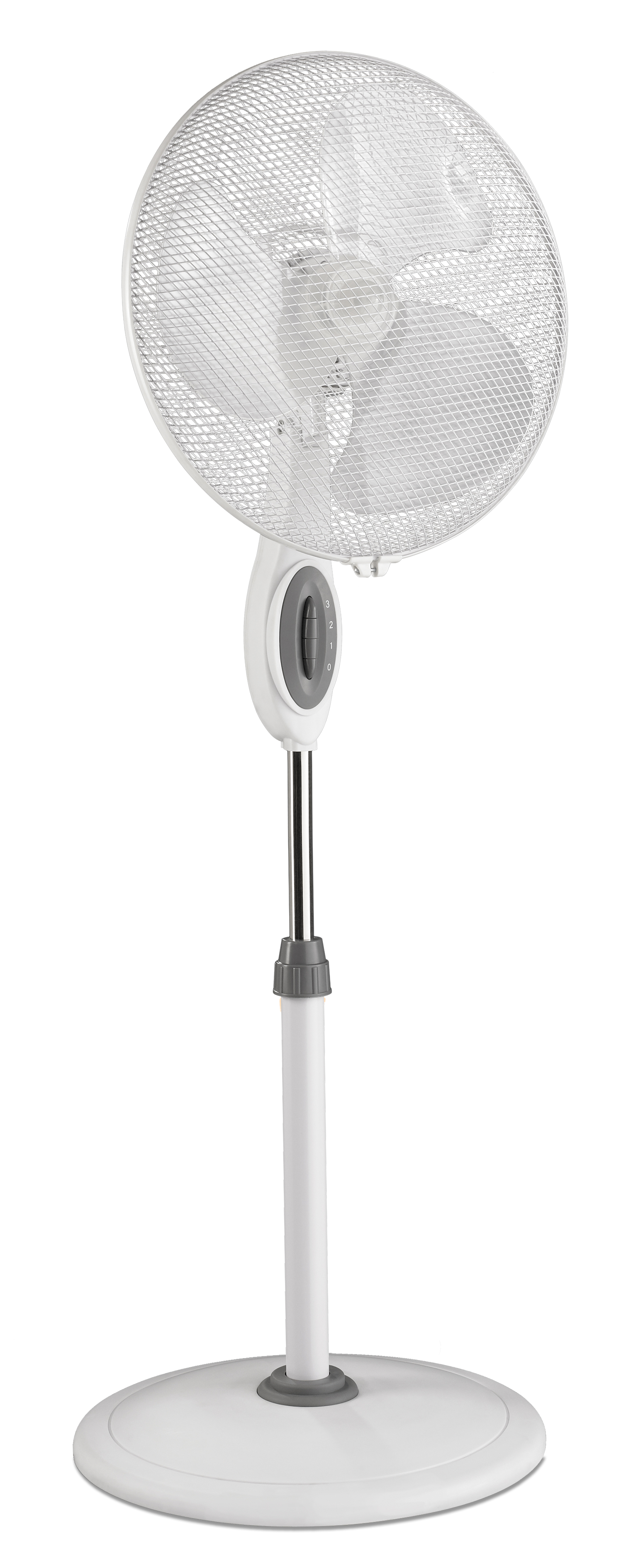 Weißer Standventilator mit verstellbarer Höhe und rundem Fuß. Hat ein Schutzgitter.