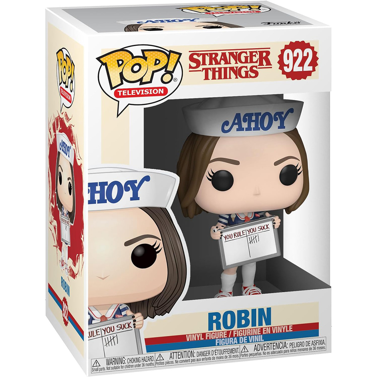 Figura Funko Pop di Robin da Stranger Things, con un cartello. La scatola è bianca e colorata.