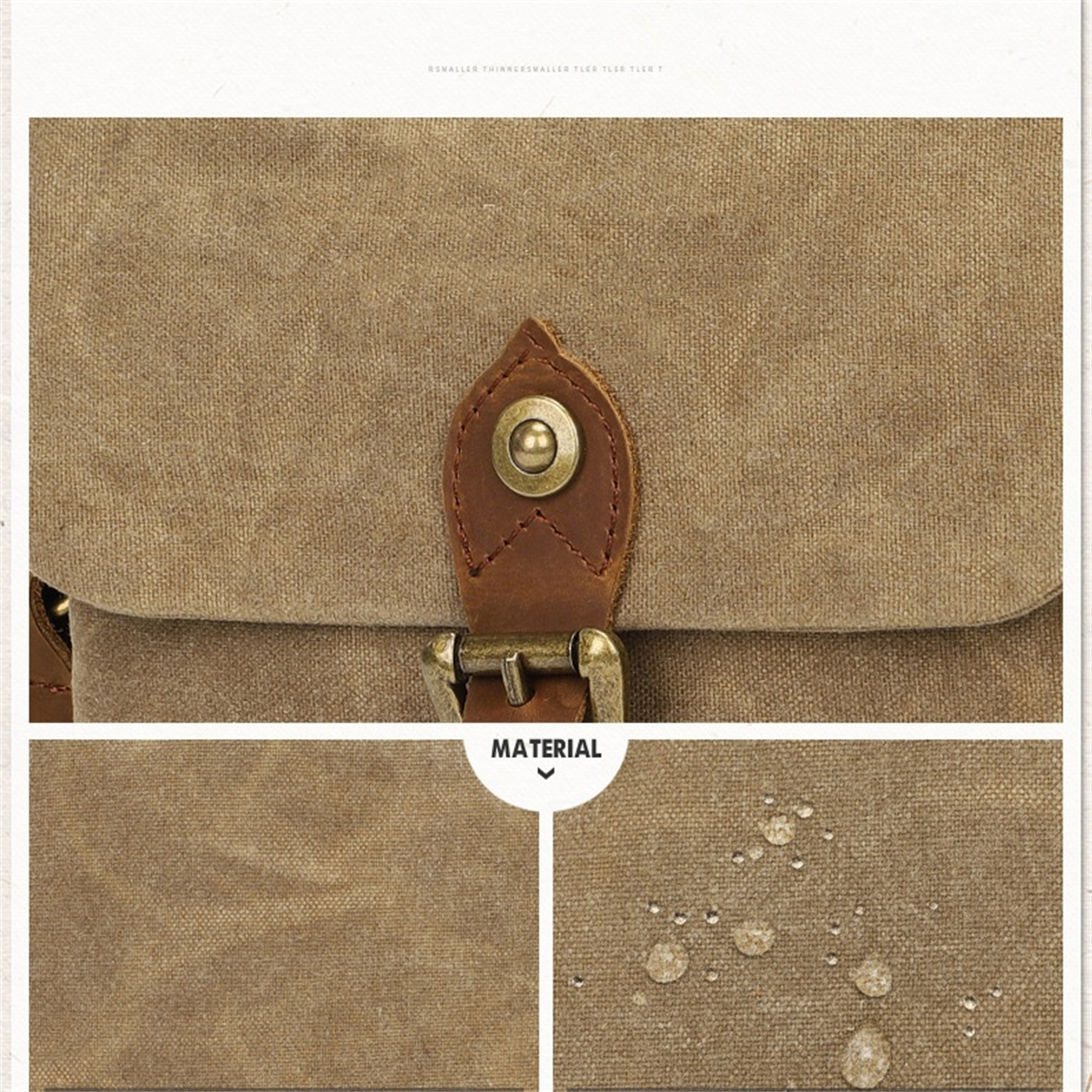 Nahaufnahme einer braunen Canvas-Tasche mit Lederschnalle und Wassertropfen, die das Materialdetail zeigt.