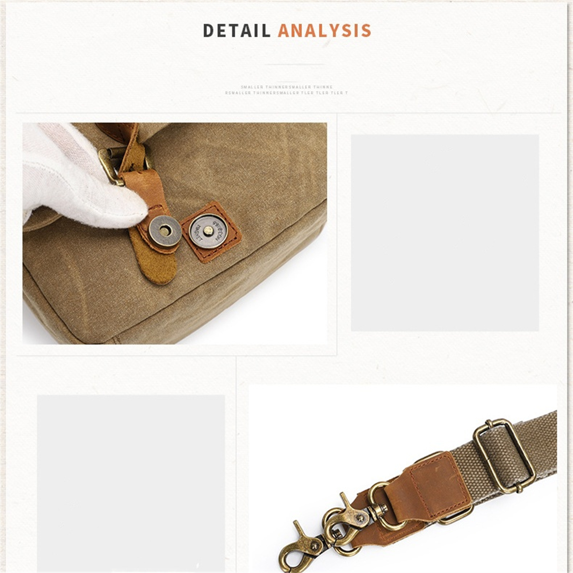 Nahaufnahme eines Canvas-Beutels mit Leder- und Metallbeschlägen. Beige Farbe. Weißer Hintergrund.