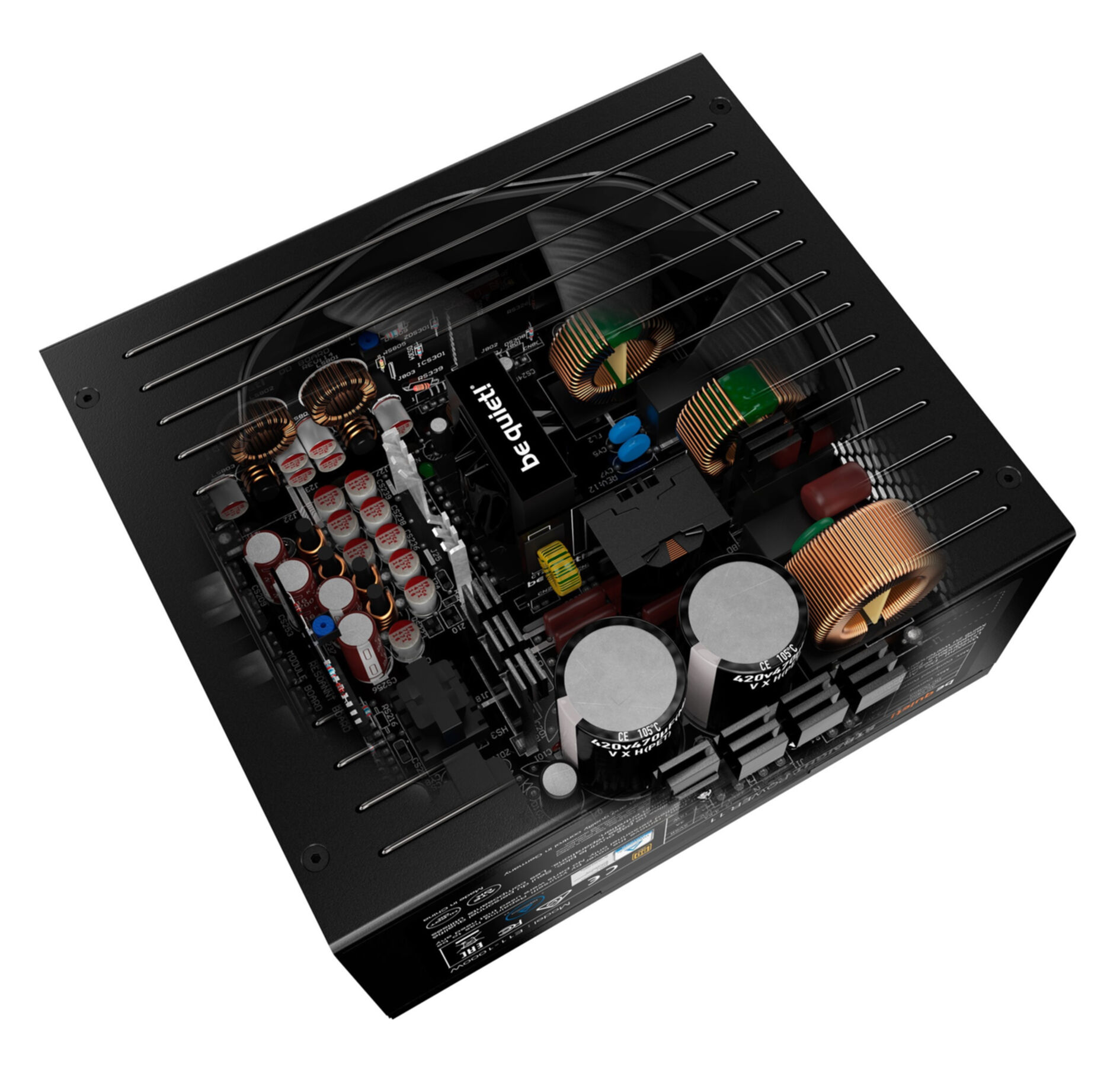 Czarny zasilacz, widok z góry, z widocznymi komponentami wewnątrz.