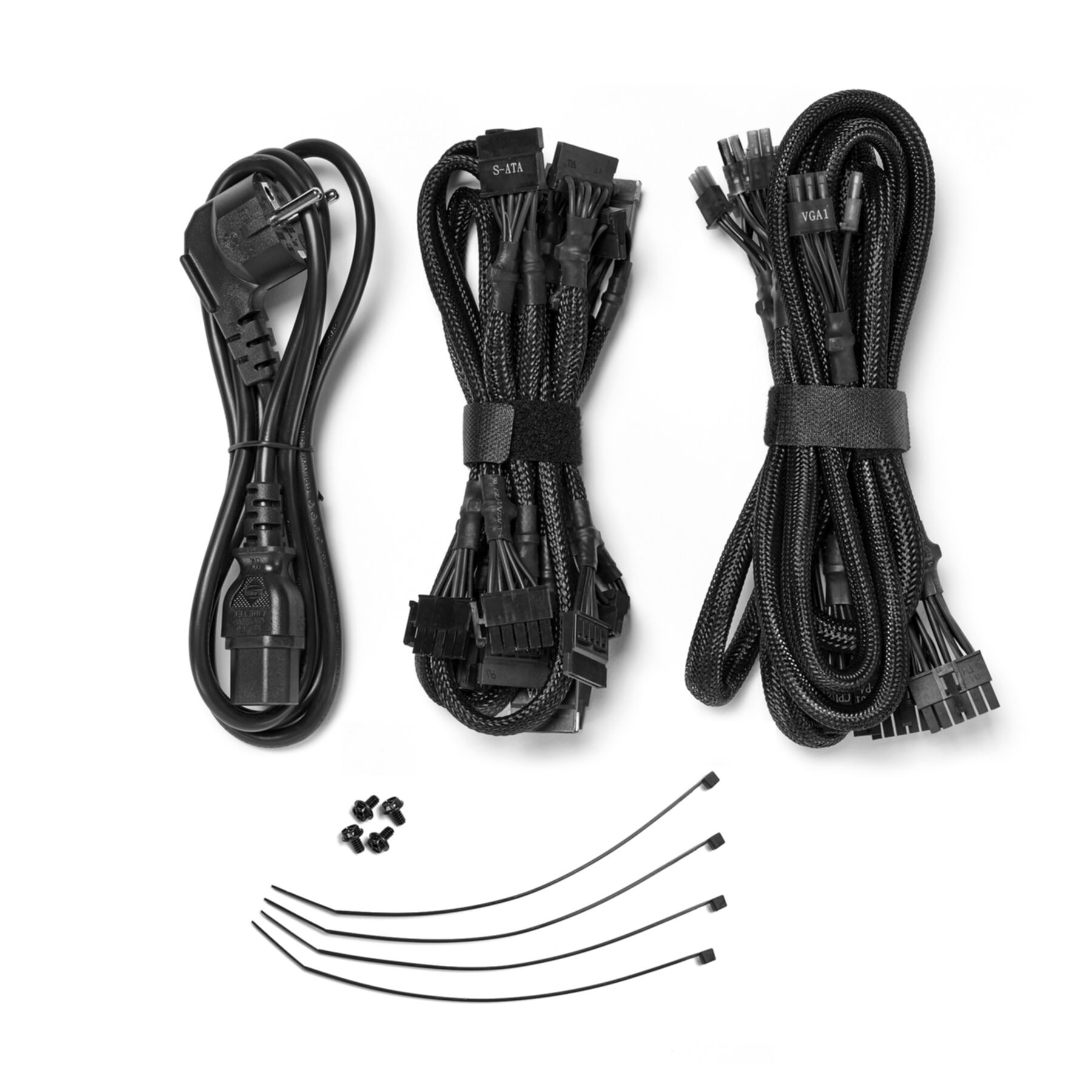 Kable i złącza do zasilacza komputera, starannie ułożone.