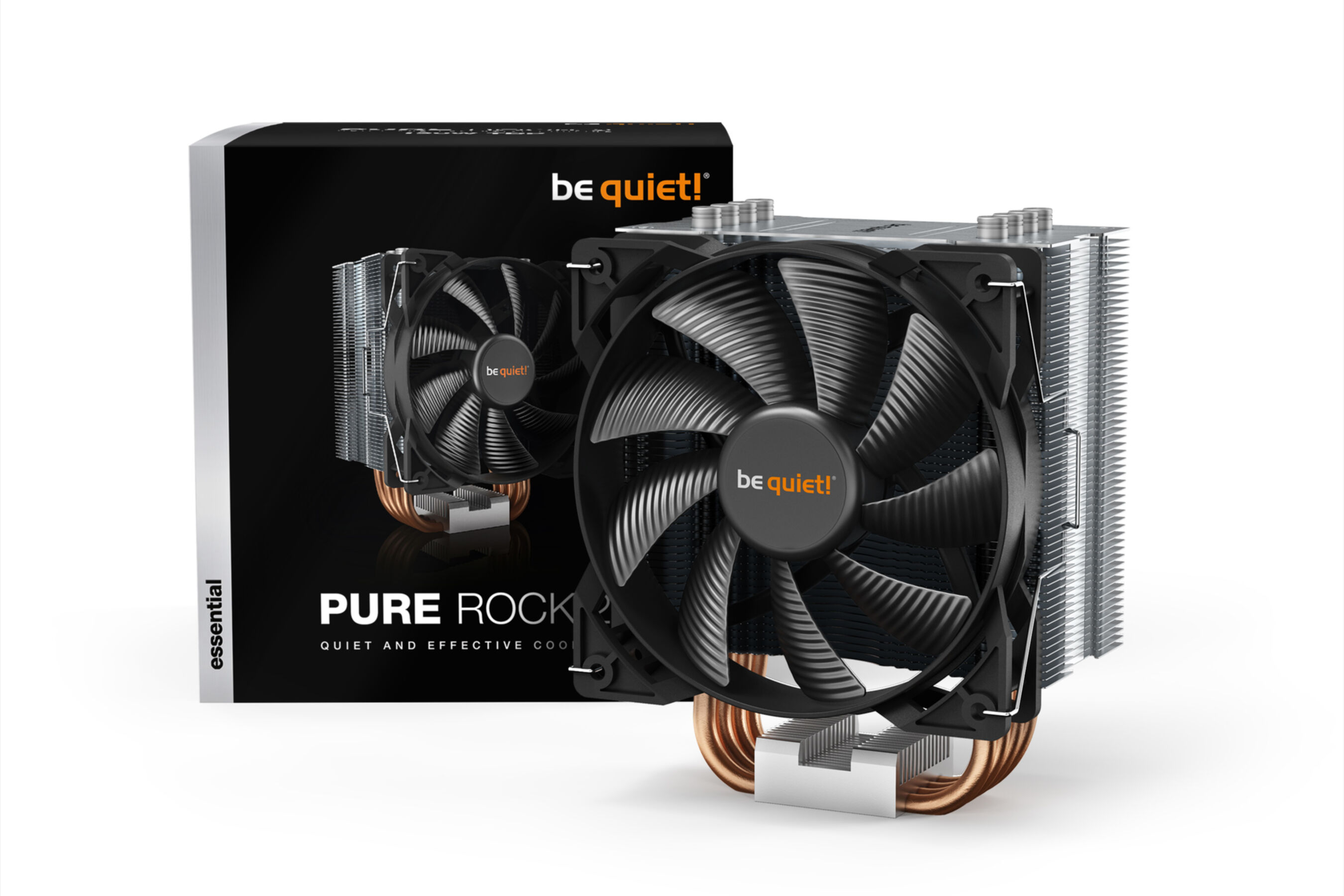 Un dissipatore per ventola per computer nero con due ventole e una scatola nera con la scritta 'be quiet!'.