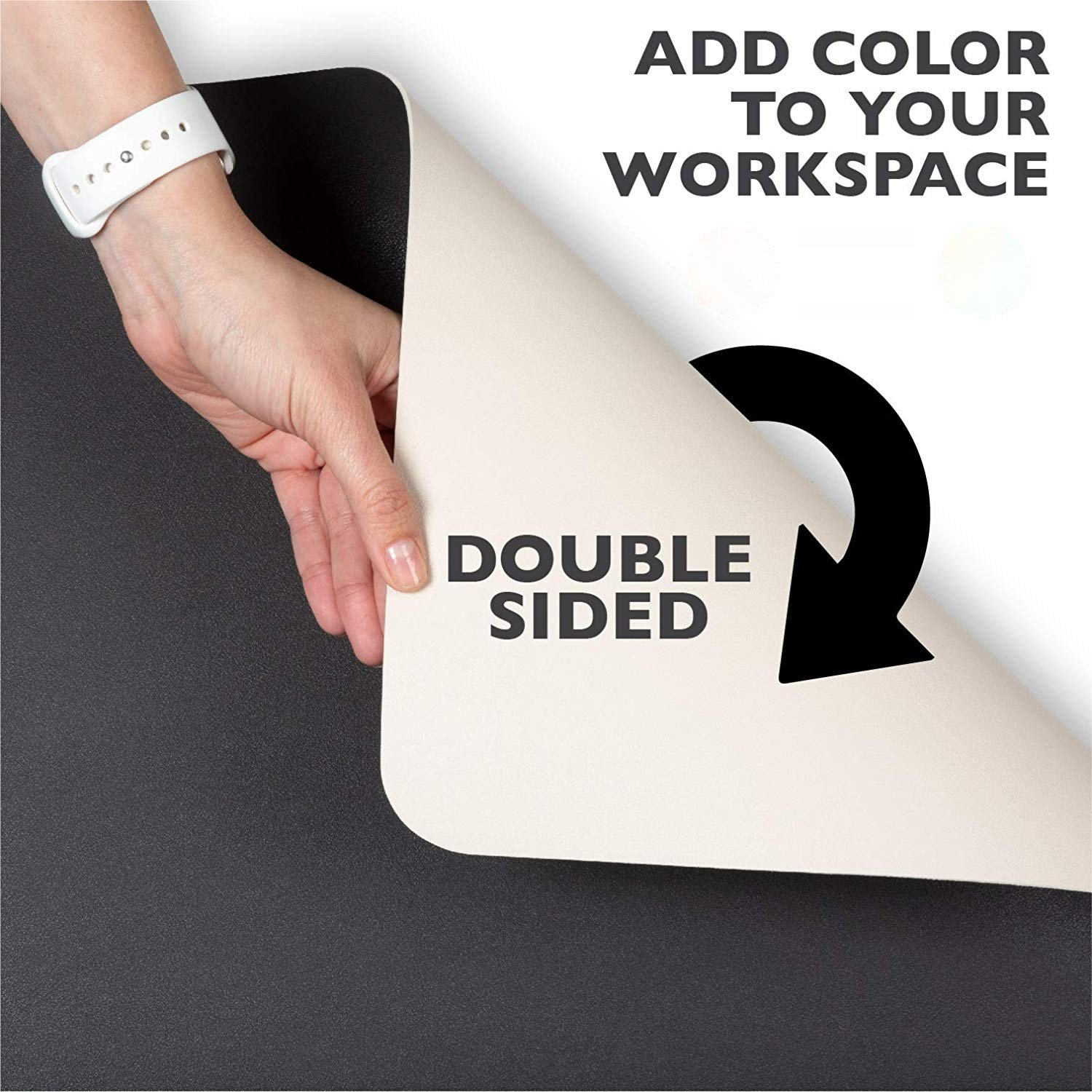 Una mano levanta una capa blanca revelando una superficie negra. Texto: Doble cara. Añade color a tu espacio de trabajo.