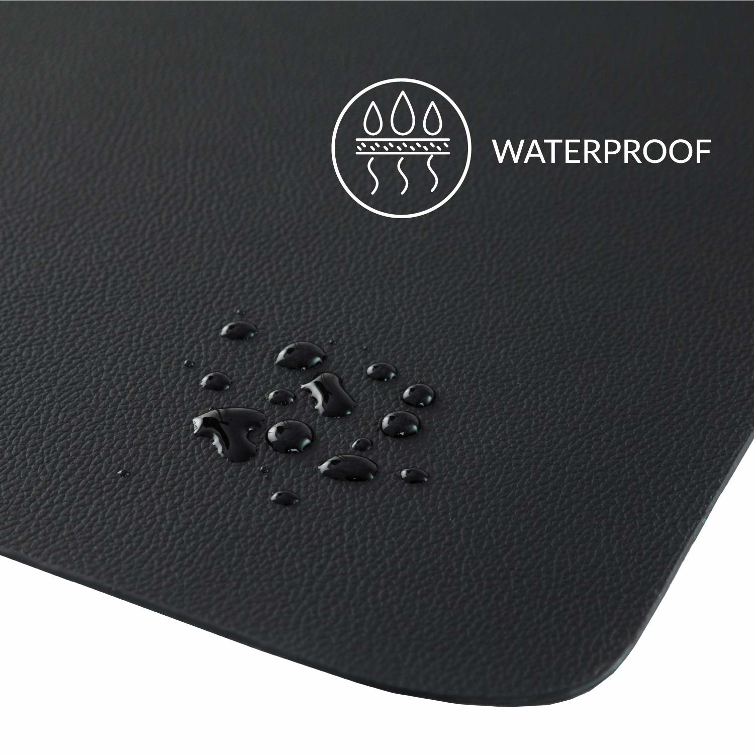 Alfombrilla negra impermeable. Gotas de agua en la alfombrilla. Círculo blanco con iconos de agua y texto IMPERMEABLE.
