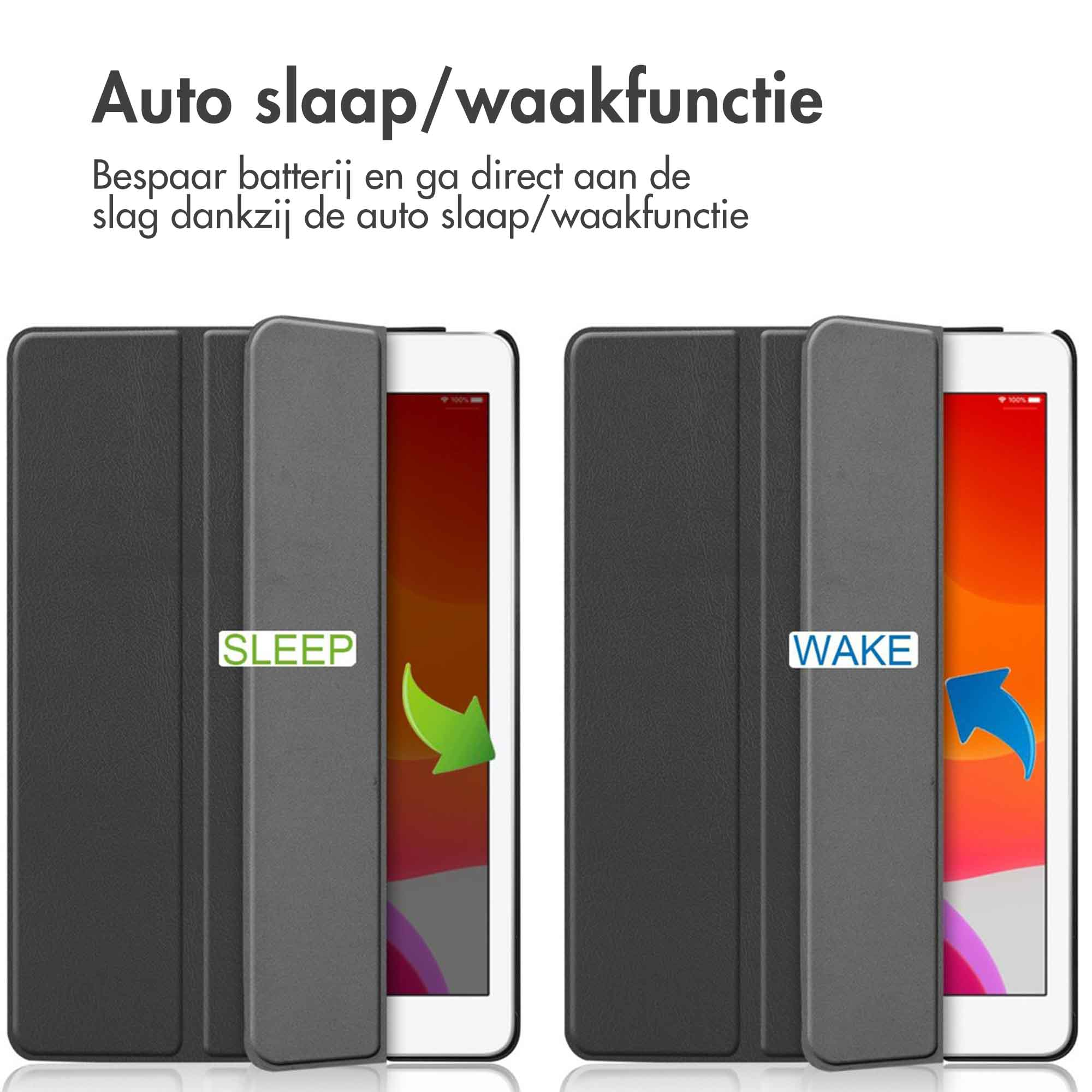 Two tablets with covers, the left one with 'sleep' labeled and the right one with 'wake'.