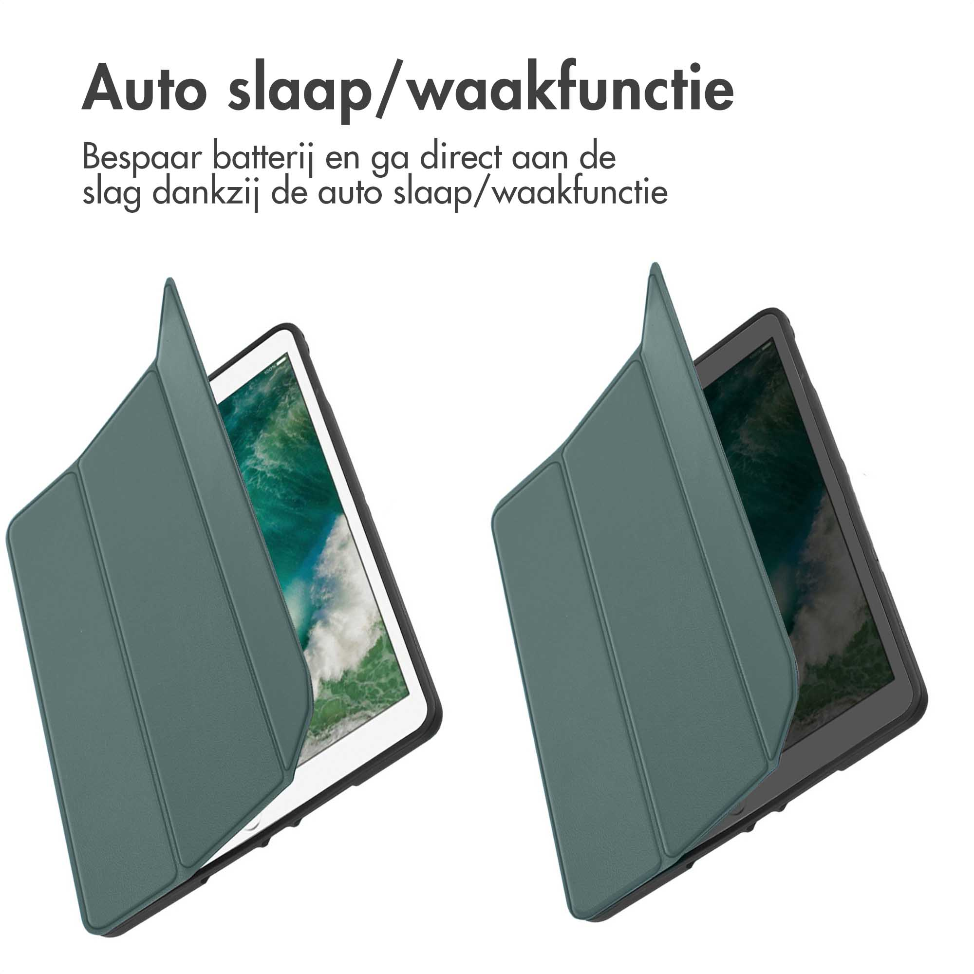 Two tablets, one with a green cover opening. The text says auto sleep/wake function.