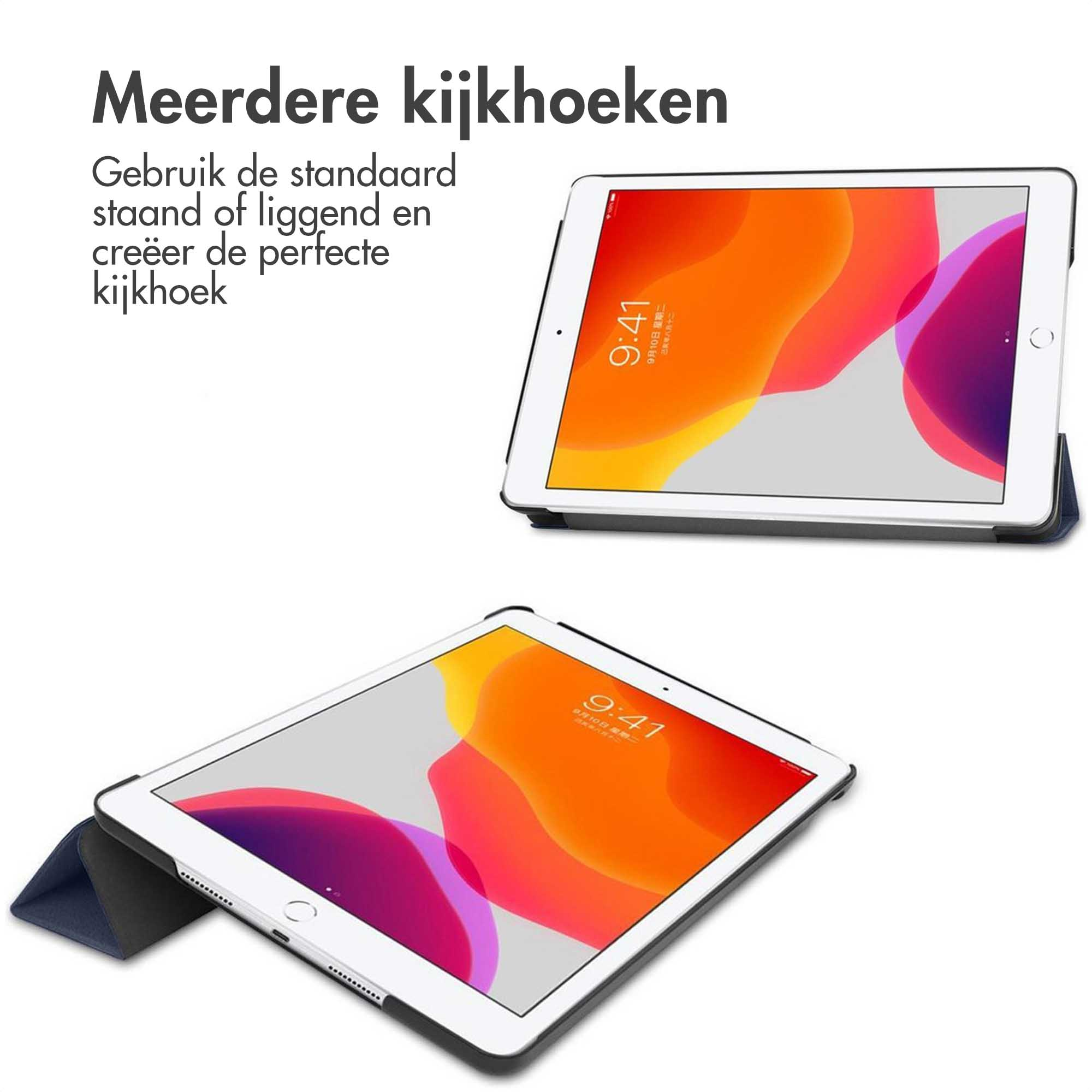 Two tablets in cases, one upright and one angled. Text says 'Multiple viewing angles.'