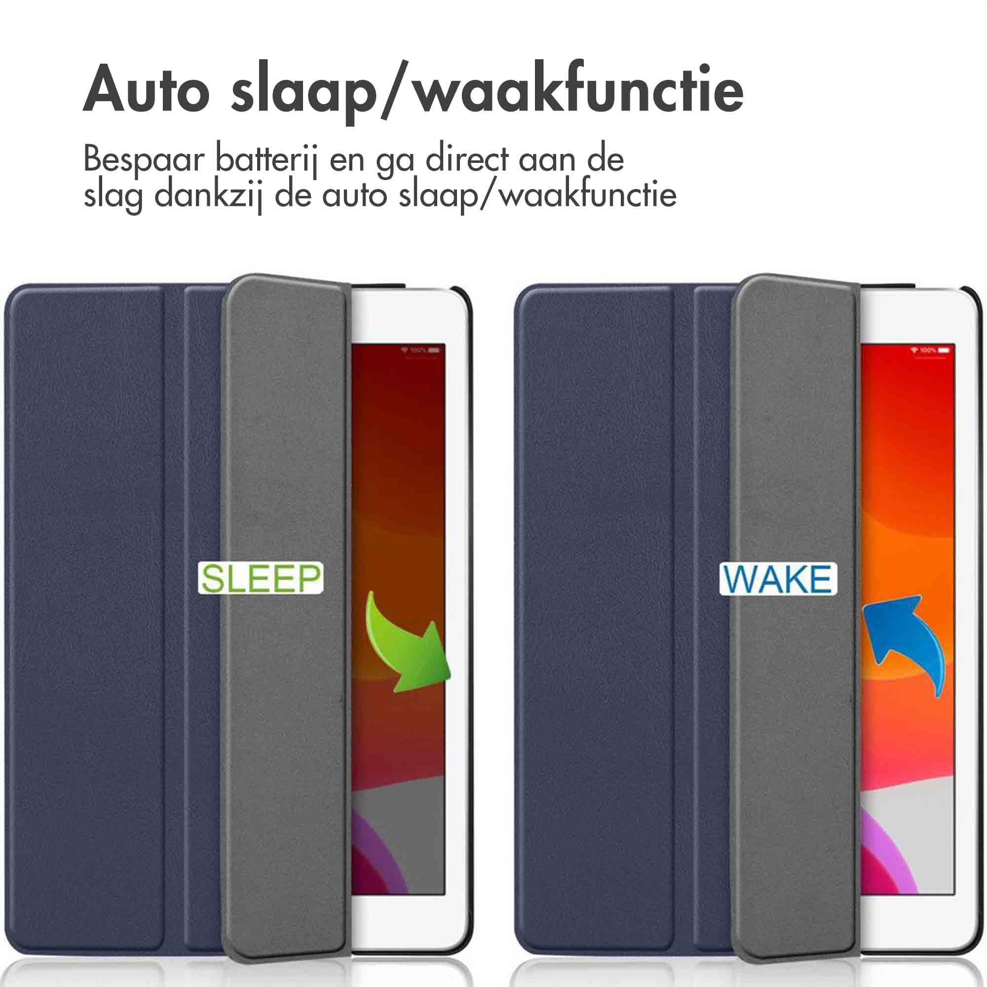 Due iPad con custodie, etichettati 'SLEEP' e 'WAKE', che dimostrano la funzione di sospensione/riattivazione automatica.