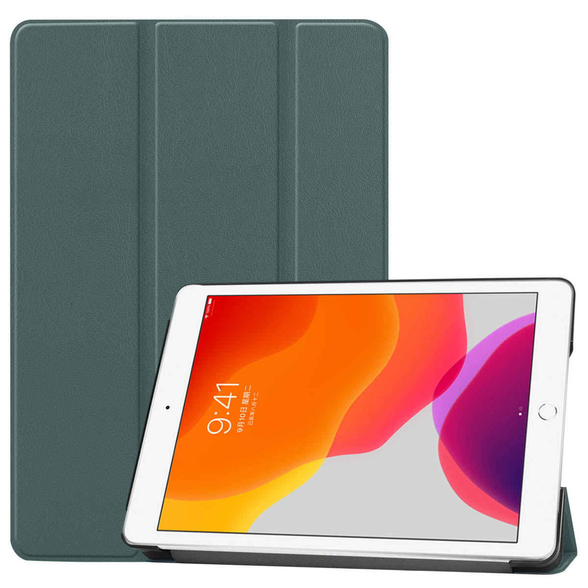 Tablet in a green case, with a matching case behind it. The tablet screen displays an image.