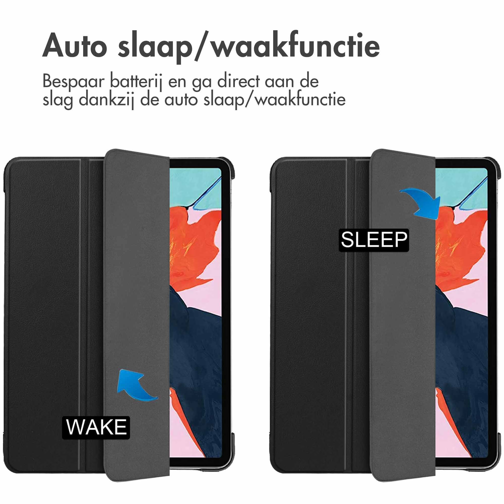 Zwei Tablethüllen mit 'Wake'- und 'Sleep'-Funktionen. Text erklärt die Auto-Schlaf-Funktion.