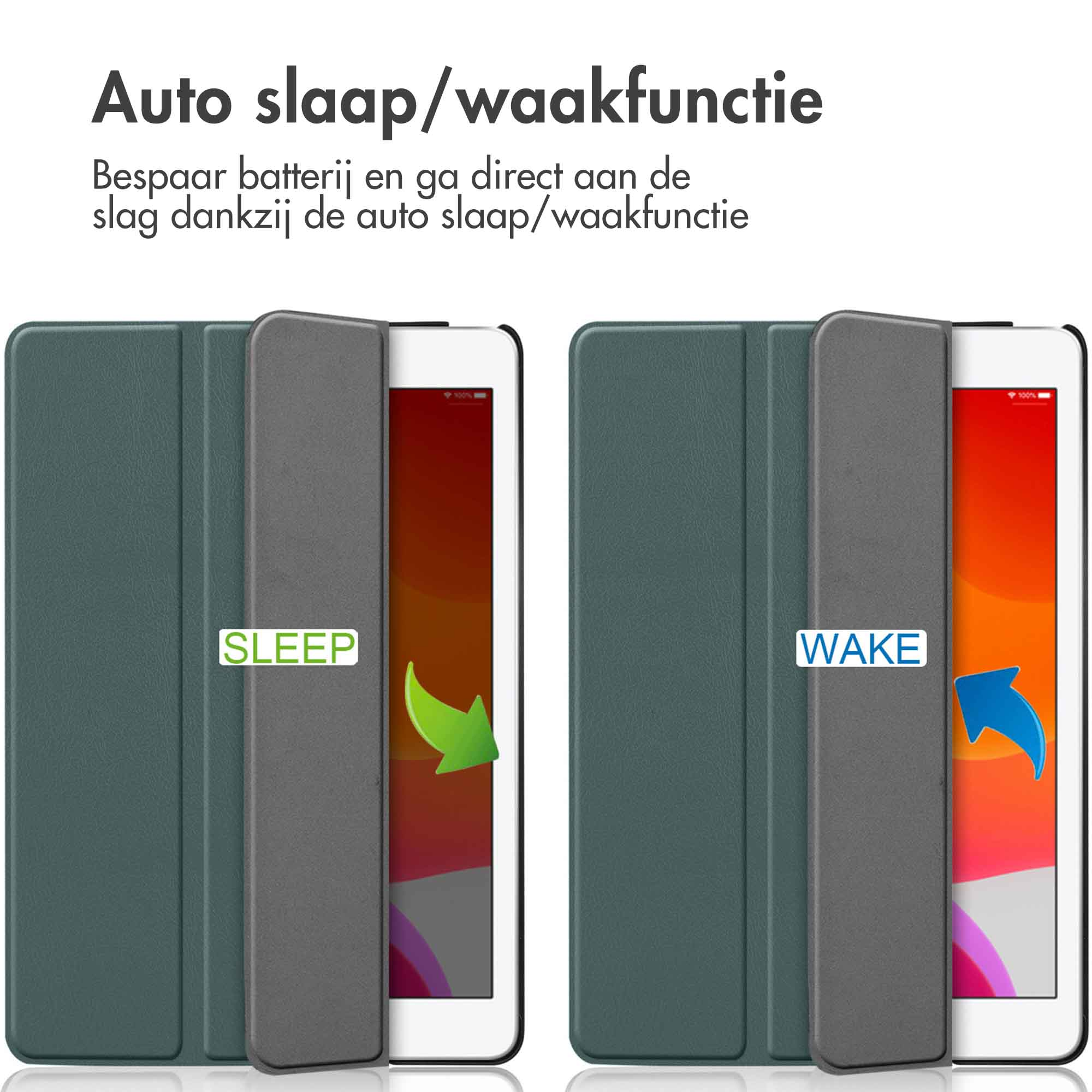 Two iPads with cases: one displays 'SLEEP', the other 'WAKE'. The background is white.