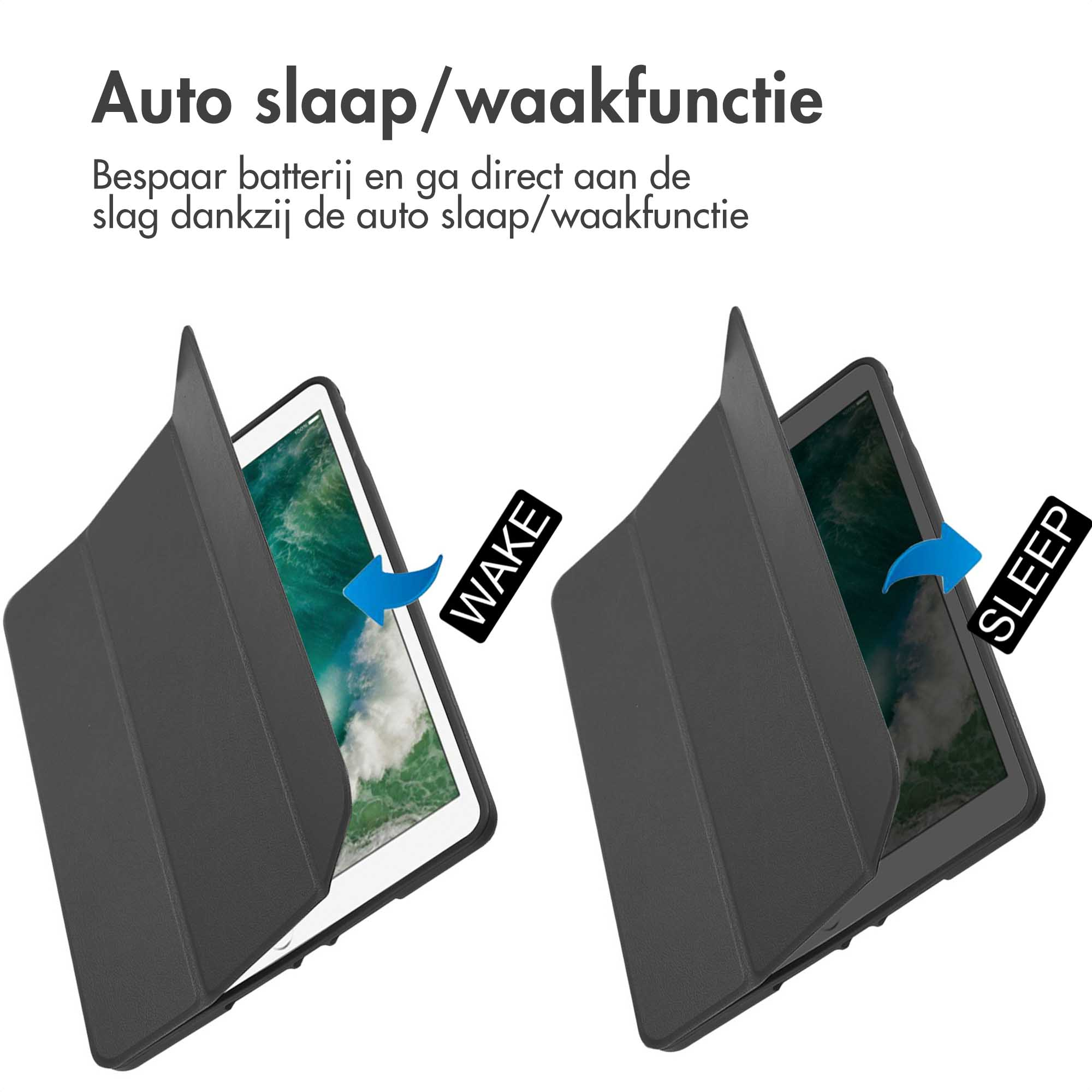 Tablet case with wake/sleep function. Open case on left, closed on right. Blue arrows show action. 