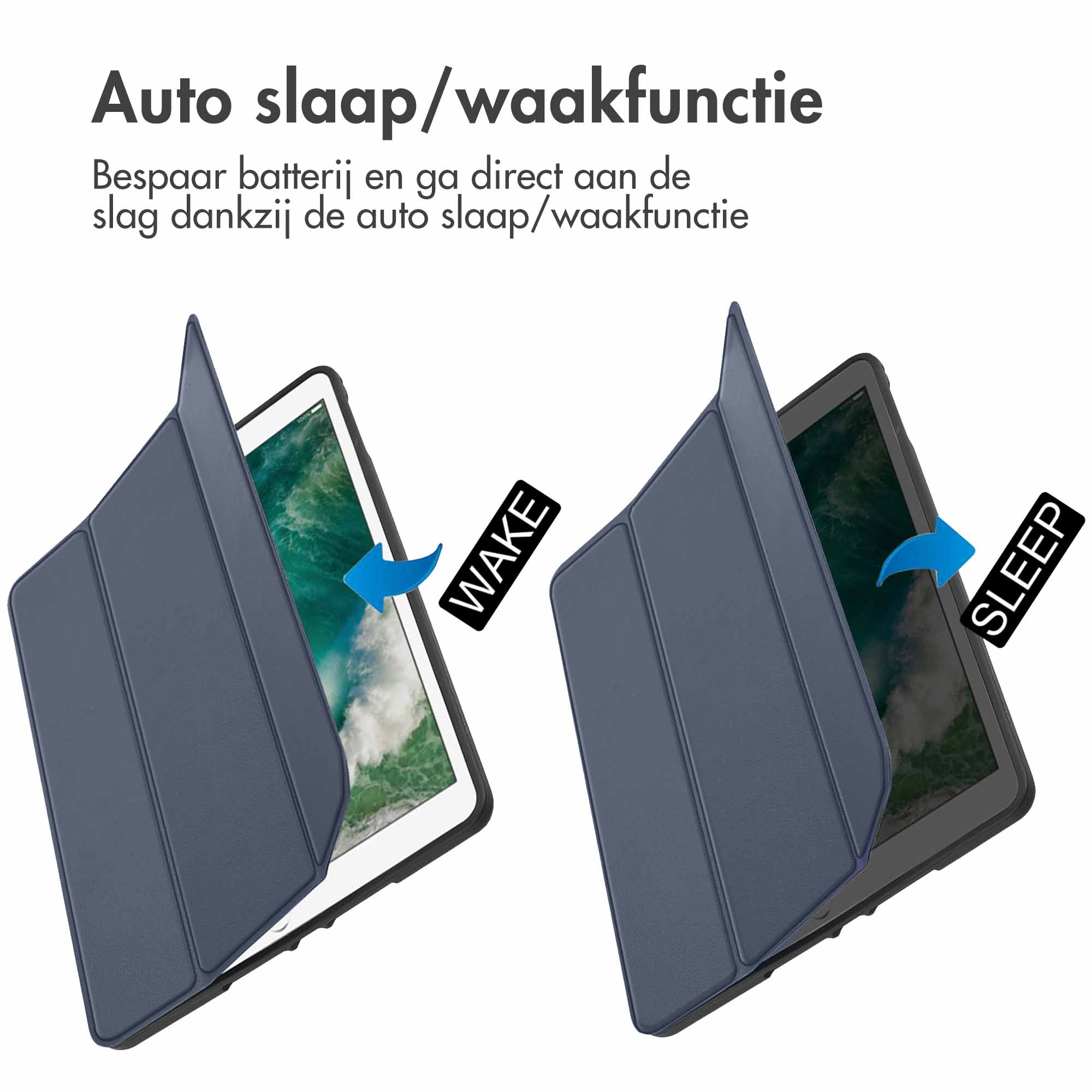 Due custodie per tablet aperte, che mostrano 'SLEEP' e 'WAKE' con frecce, custodie blu, sfondo chiaro.