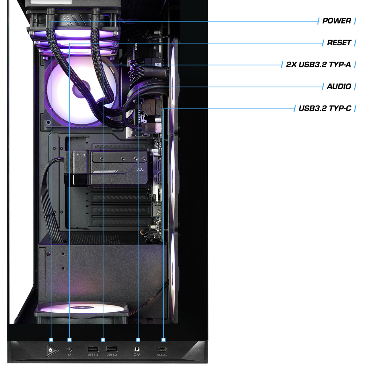 Inneres eines Computergehäuses mit Komponenten: Lüfter, Motherboard und Kabeln.