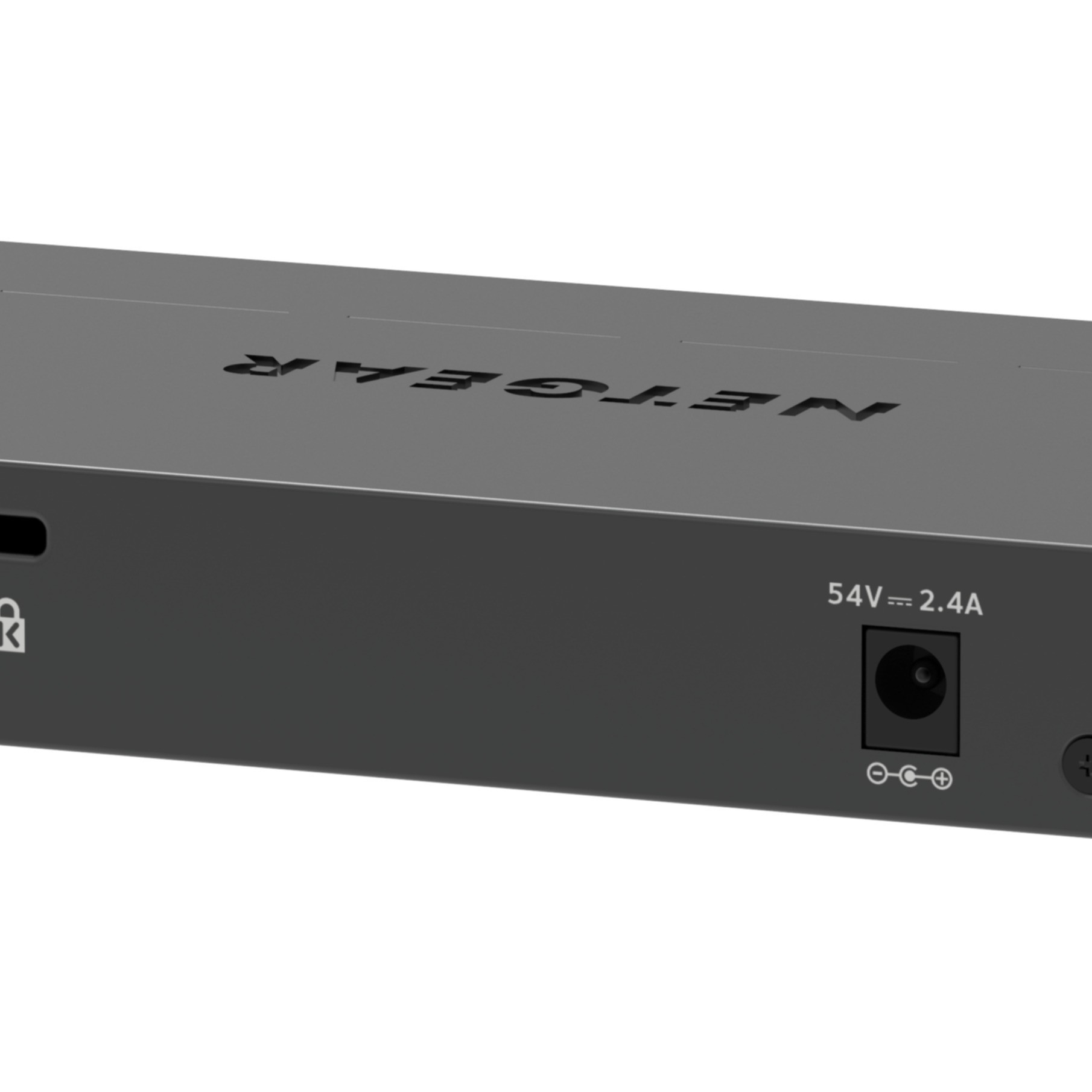 Close up of a black rectangular device with 'NETGEAR' and a power port.