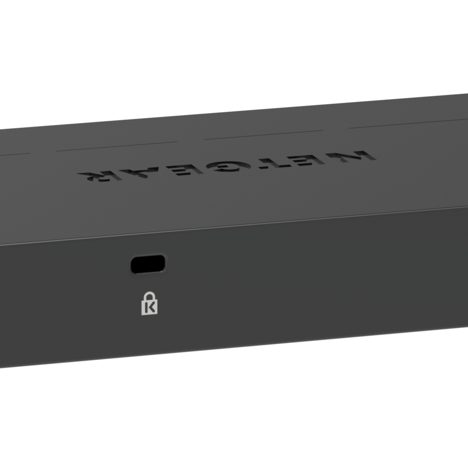 Black Netgear device with a lock icon. The word NETGEAR is visible on the top of the device.