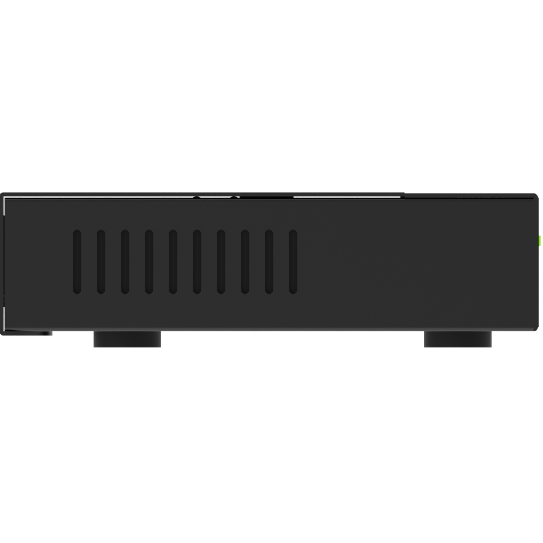 Black electronic device with vents. The device is on a white surface. The background is white.