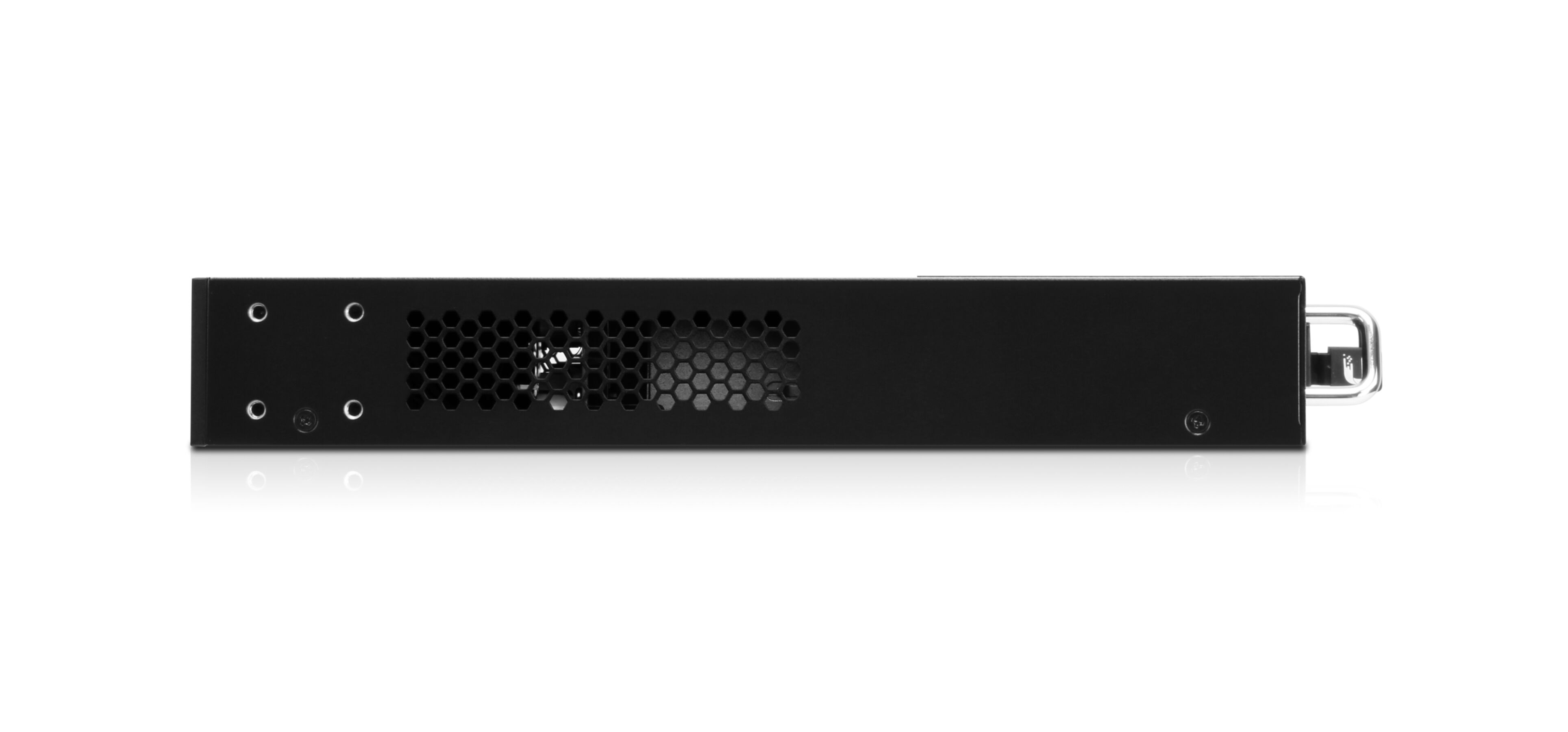 Dispositivo server nero con ventola e dettagli viti su superficie bianca.