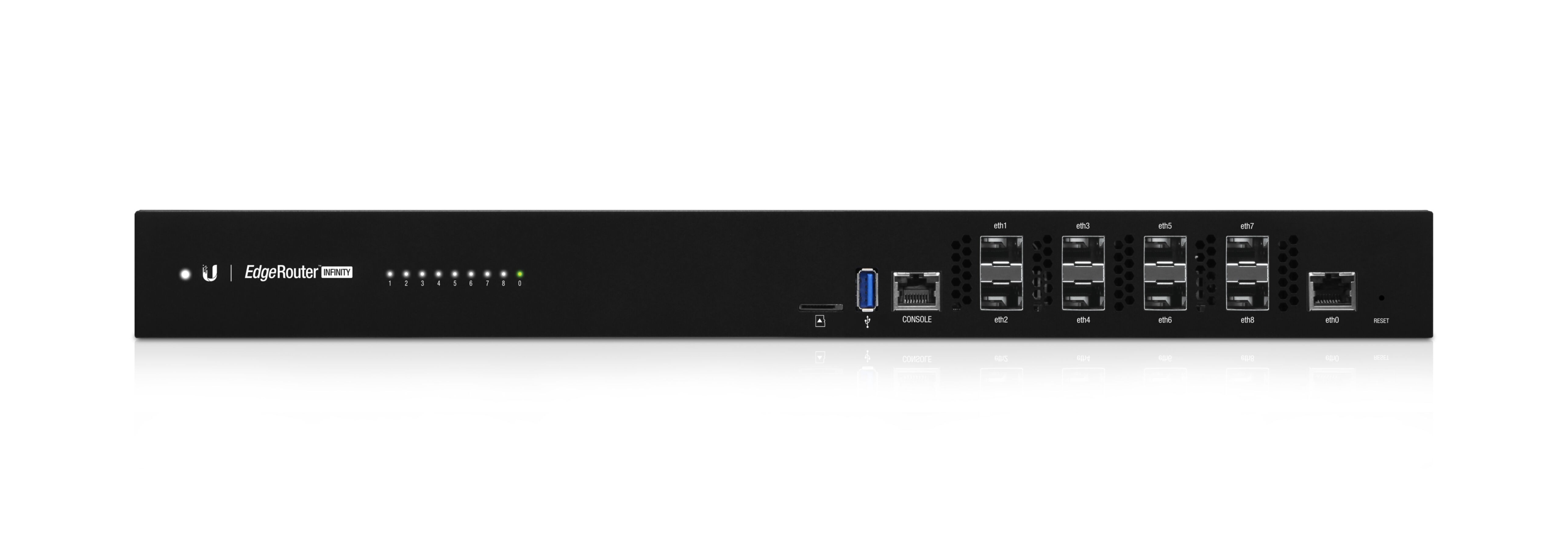 Router di rete nero con più porte e luci su sfondo bianco.