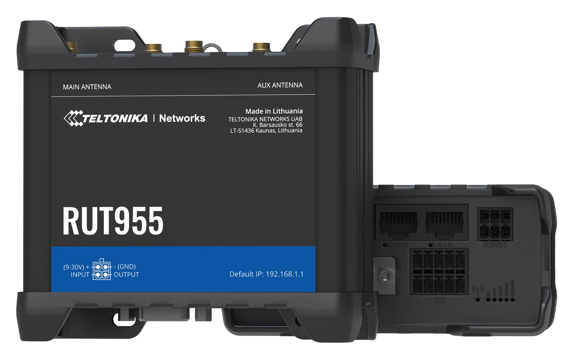 Router Teltonika RUT955 nero e grigio. Ha porte, antenne, connessioni di ingresso/uscita e un'etichetta.