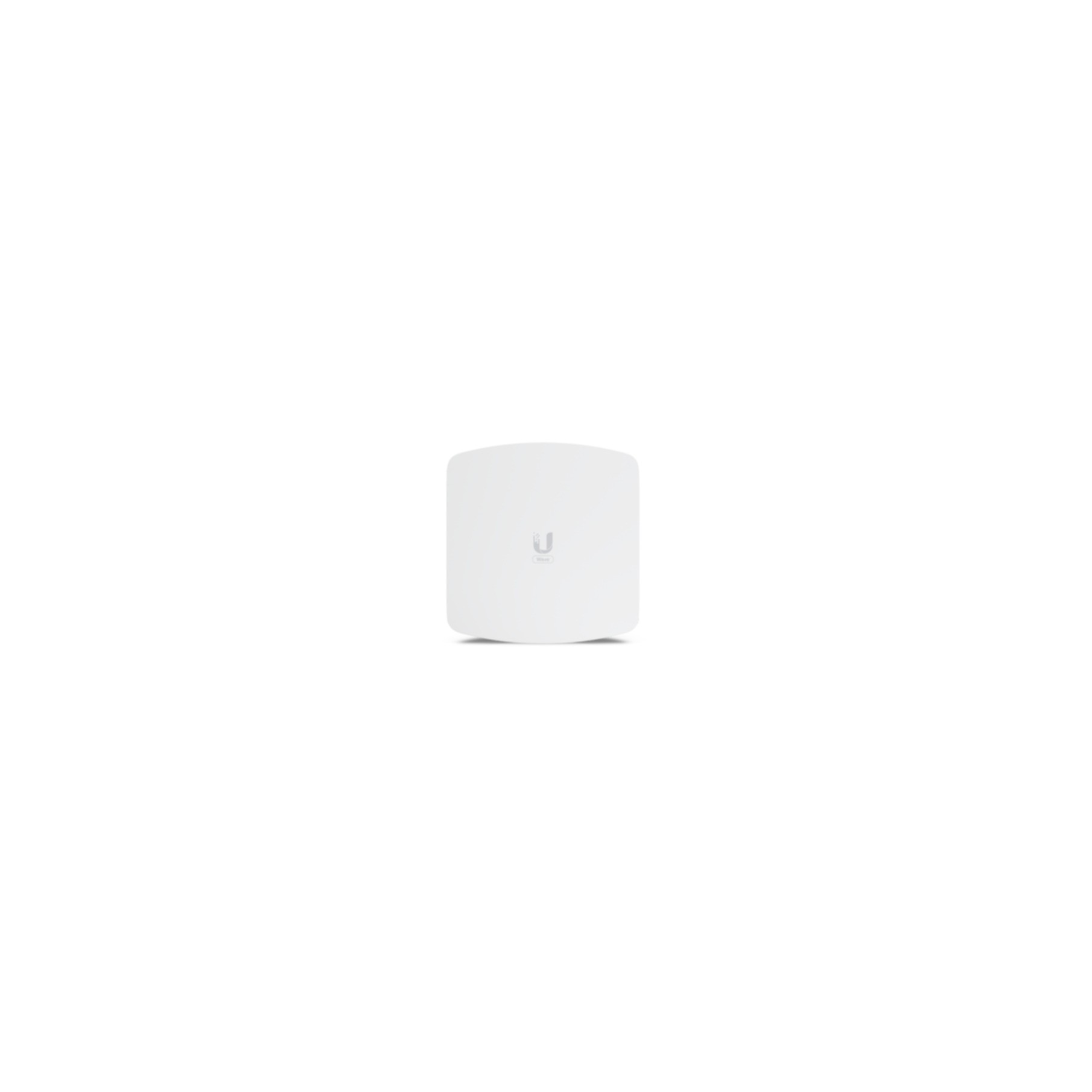 Dispositivo quadrato bianco, arrotondato. Logo 'U' centrato. Sfondo bianco.