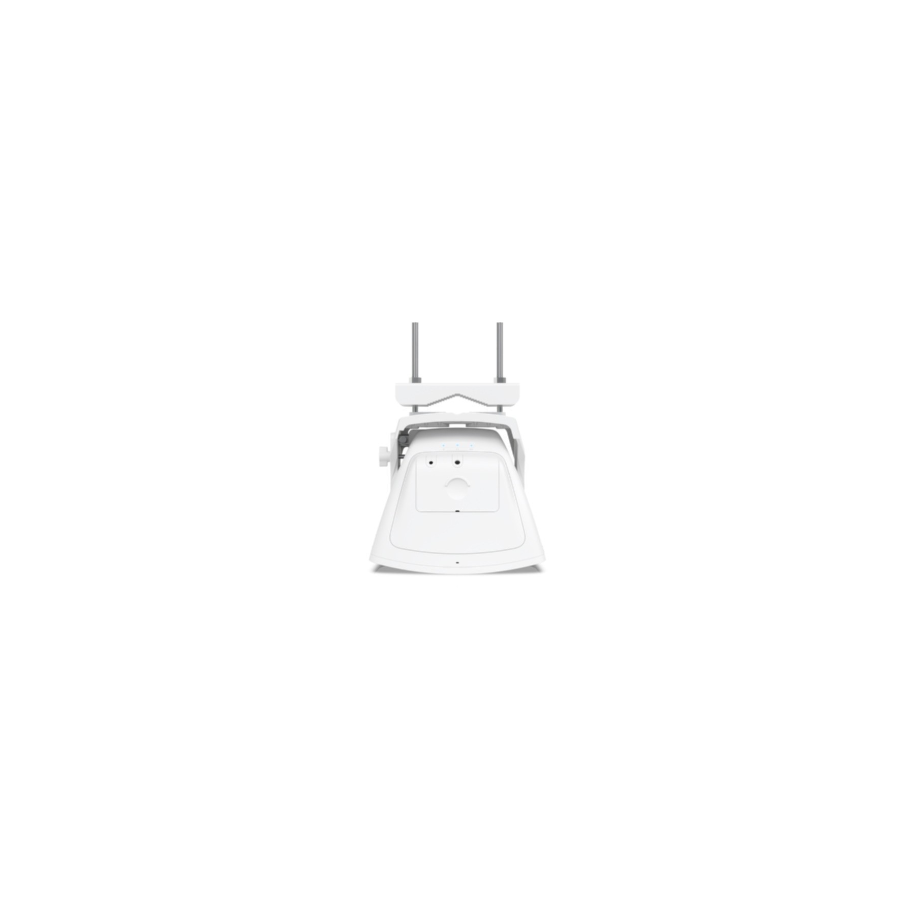 Robot bianco con due antenne. Sfondo bianco. Vista frontale.