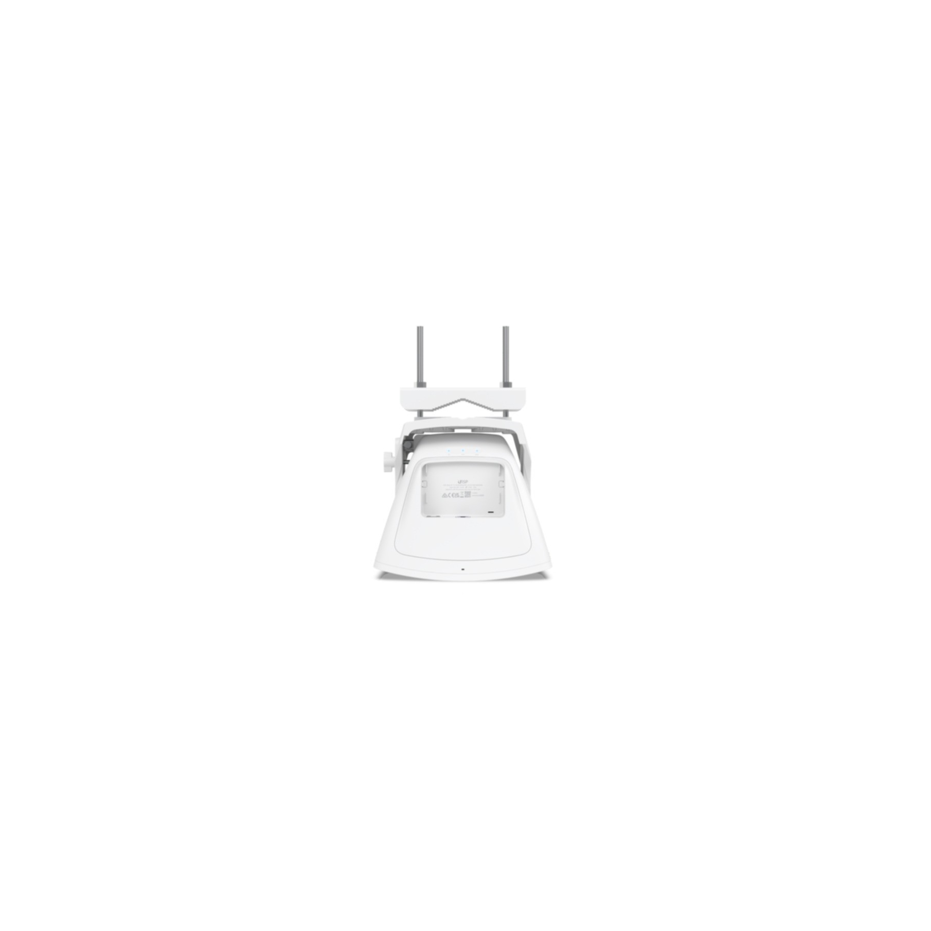 Supporto per dispositivo elettronico bianco con due antenne, isolato su sfondo bianco.