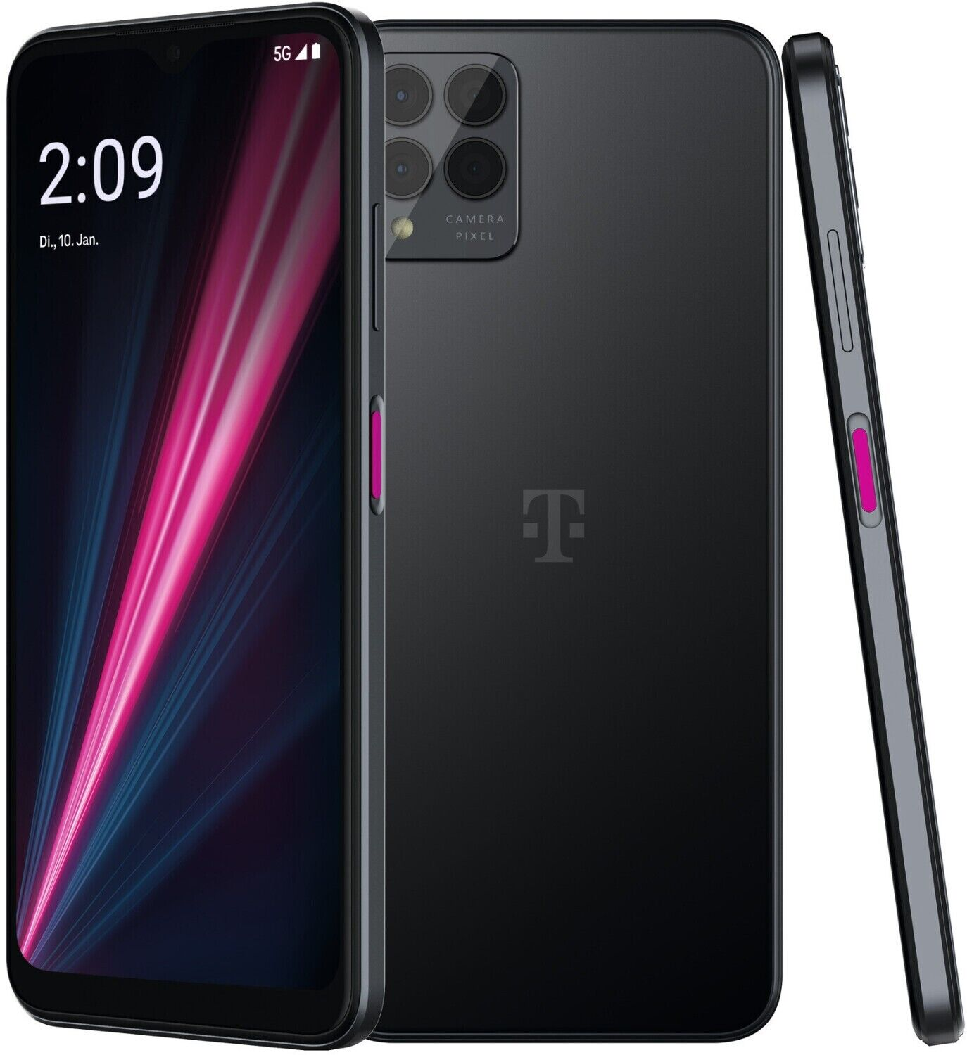 Drei Ansichten eines schwarzen Smartphones mit rosa Seitentaste.