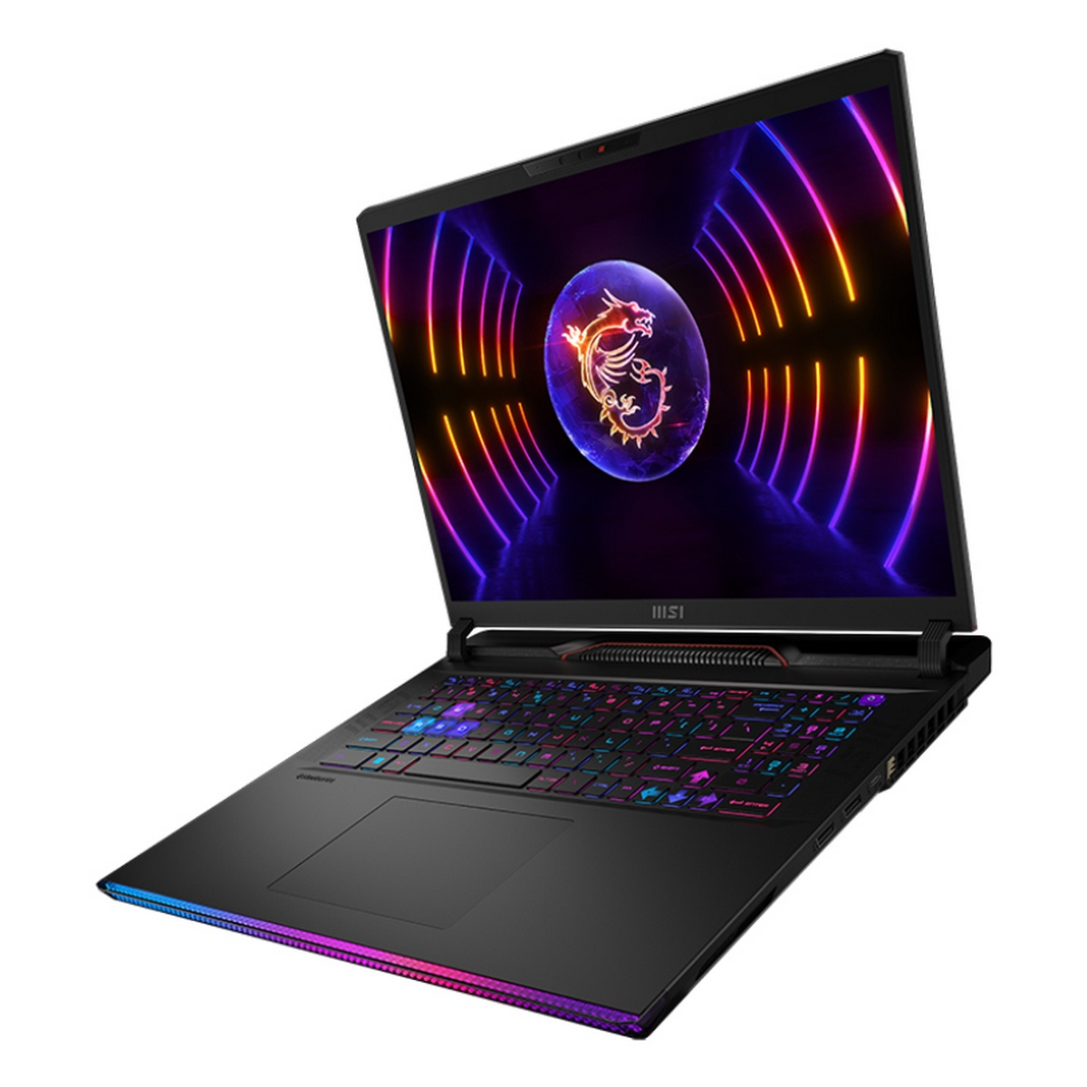 Laptop MSI nero e grigio, aperto, con schermo colorato, su sfondo bianco.