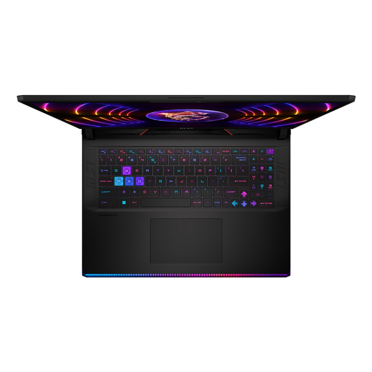 Vista dall'alto di un laptop nero con schermo aperto, che mostra una tastiera luminosa.