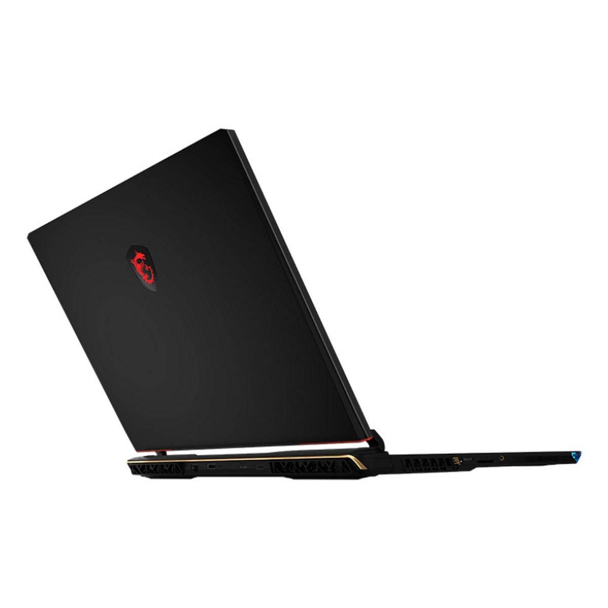 Laptop MSI nero, aperto, angolato, logo drago rosso.