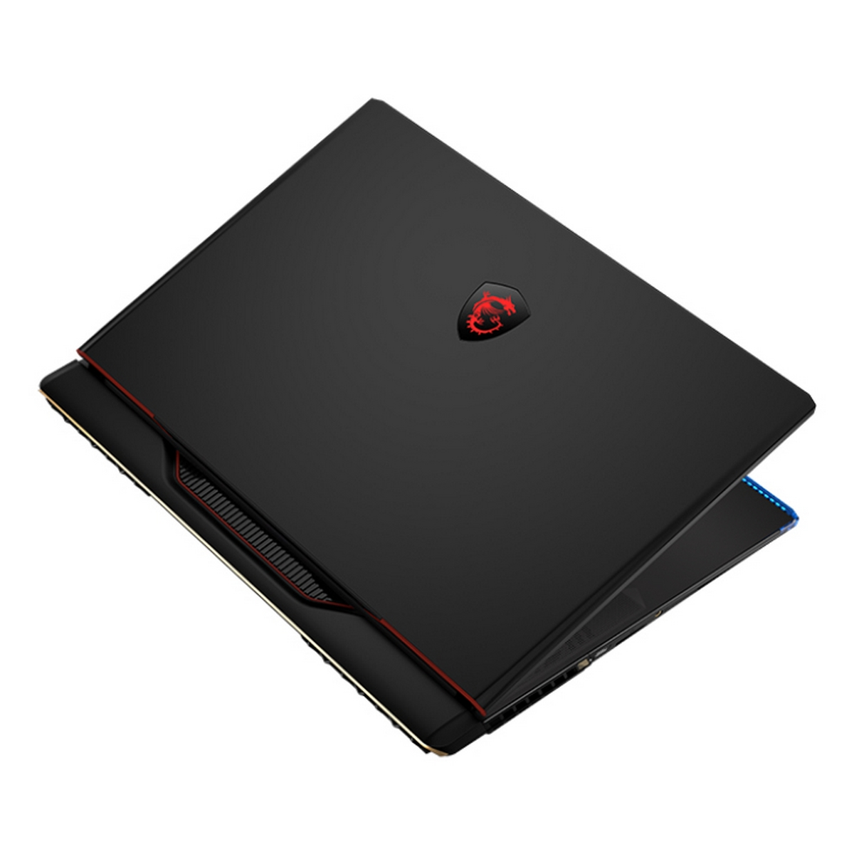 Laptop nero, chiuso, con un logo del drago rosso sulla parte superiore. Il laptop è posizionato diagonalmente.