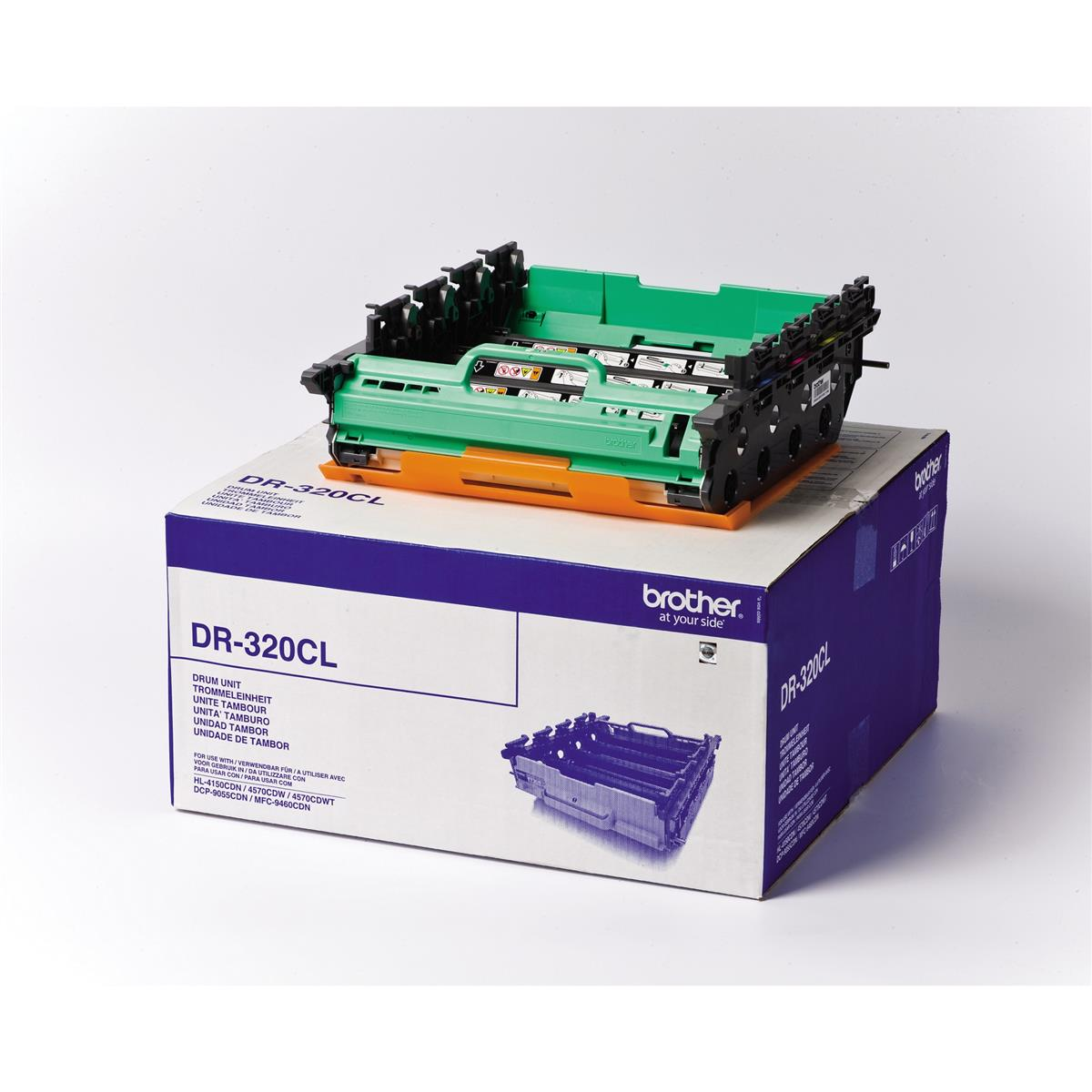 Unité de tambour d'imprimante sur une boîte. L'unité est verte et orange. La boîte a un design bleu et blanc.