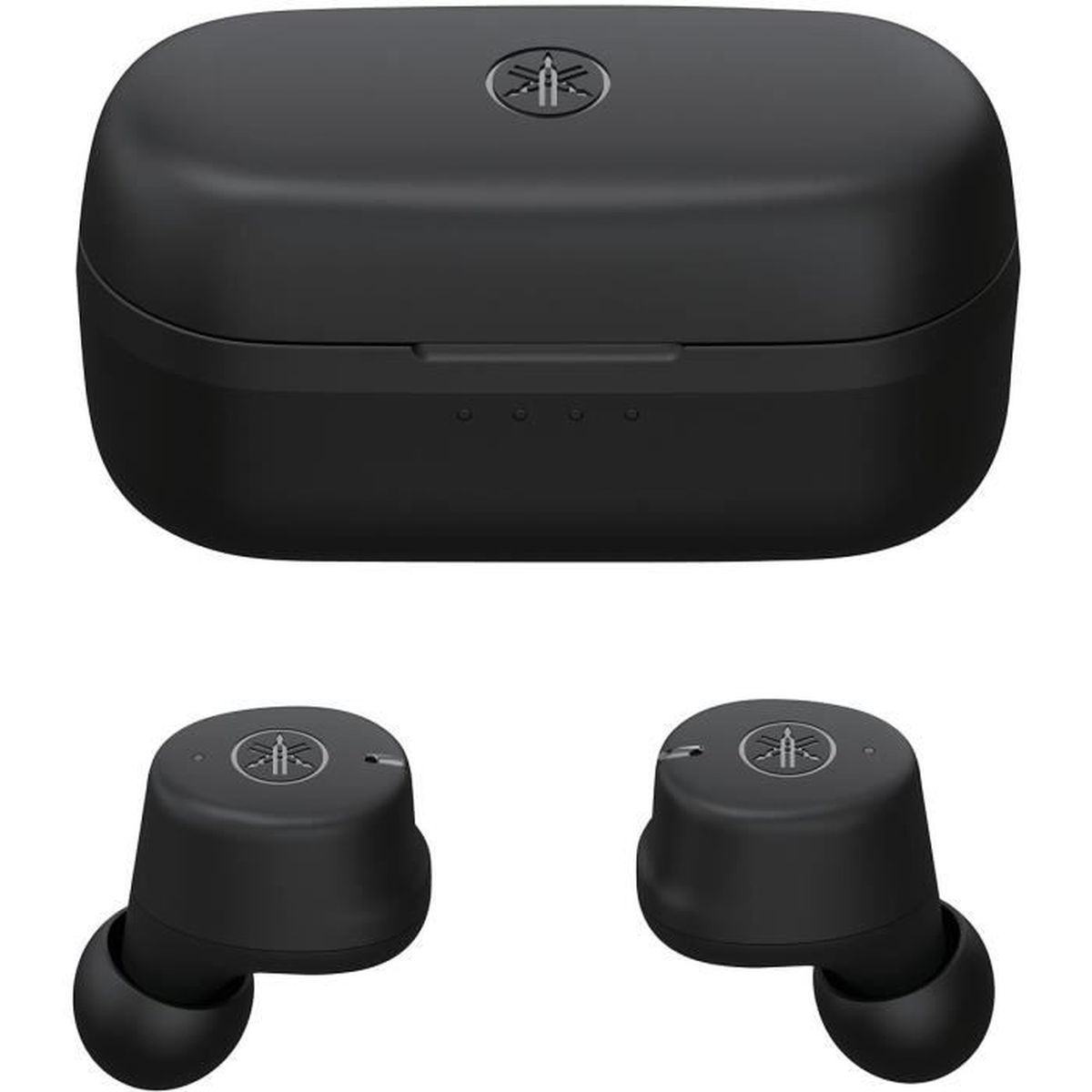 Auricolari Yamaha neri e custodia di ricarica. La custodia è sopra gli auricolari.