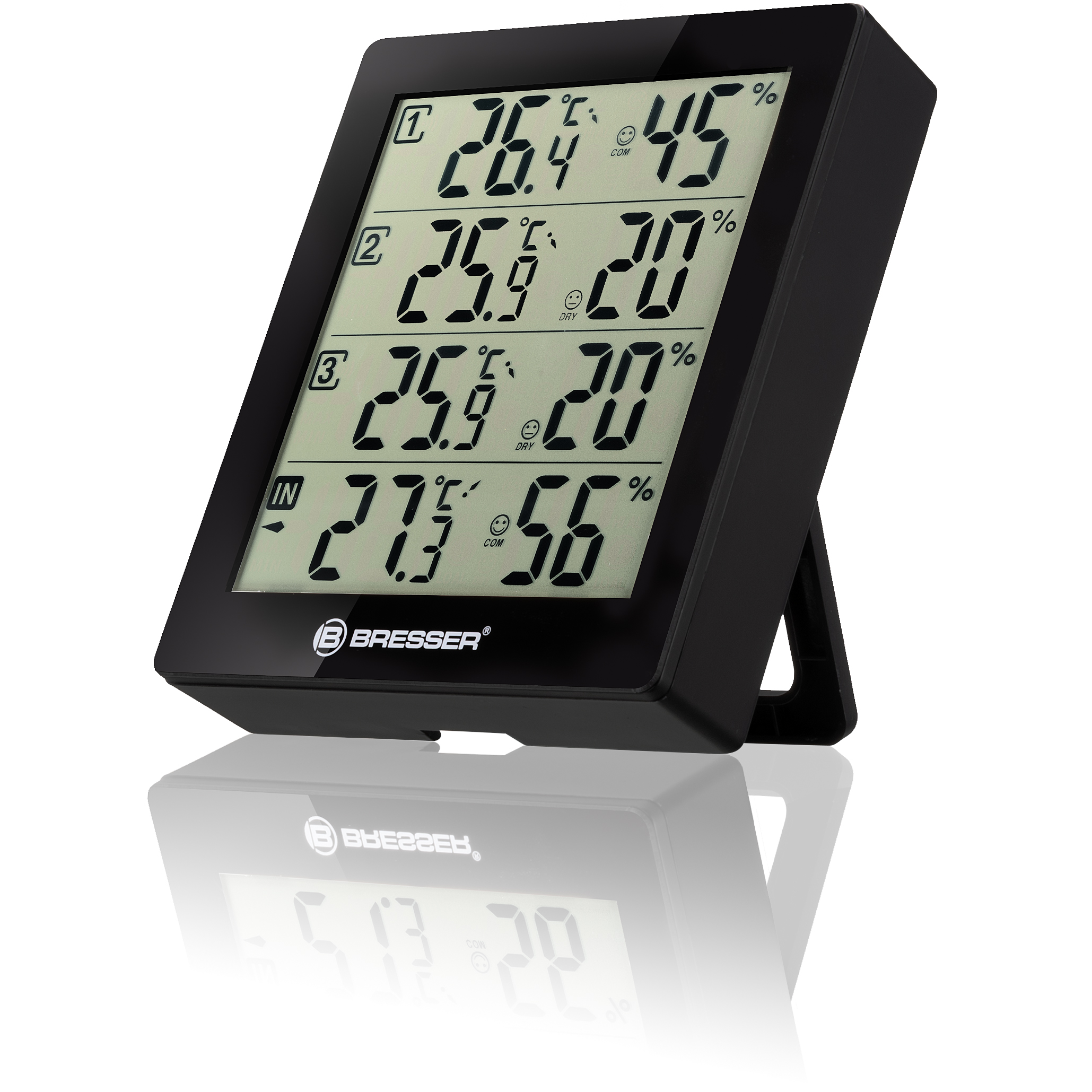 Termómetro digital negro que muestra lecturas de temperatura y humedad.