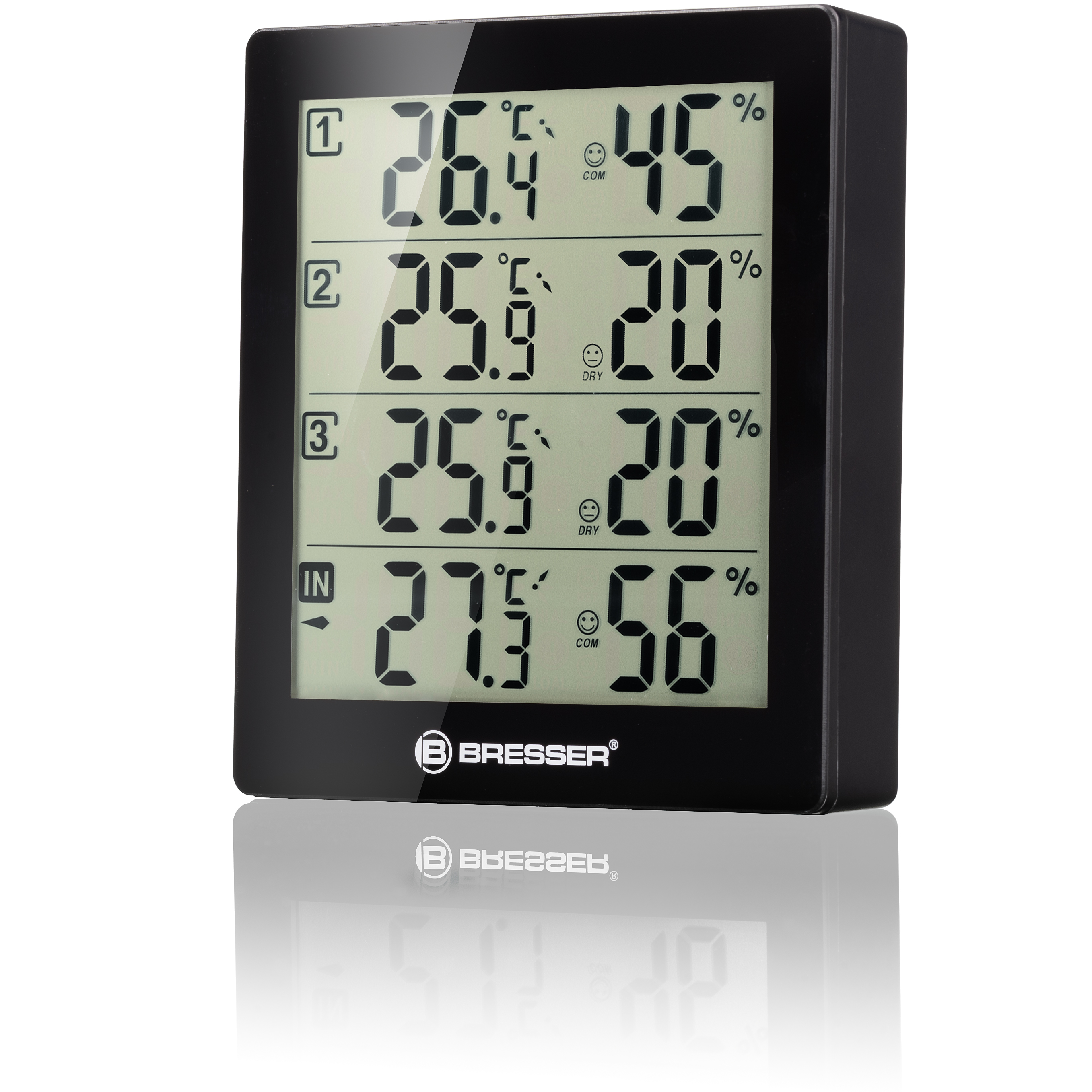 Un termómetro digital negro que muestra lecturas de temperatura y humedad.