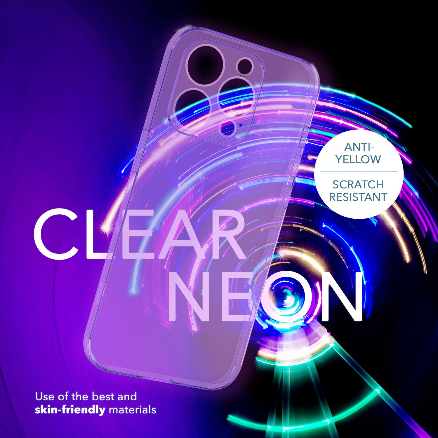Funda transparente de neón con texto: 'CLEAR NEON', 'ANTI-YELLOW' y 'SCRATCH RESISTANT'.