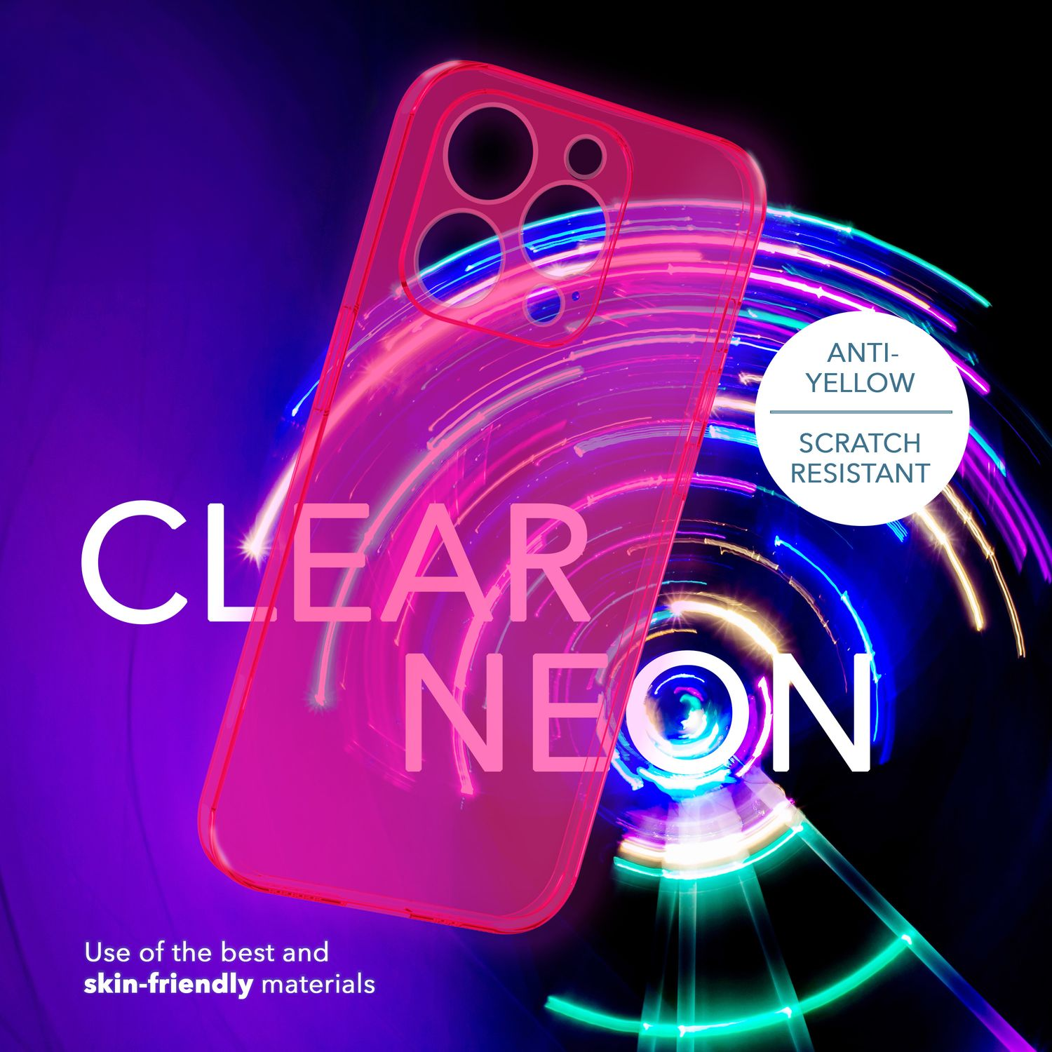 Eine transparente neonrosa Handyhülle auf einem lila und blauen Hintergrund mit Text und Grafiken.