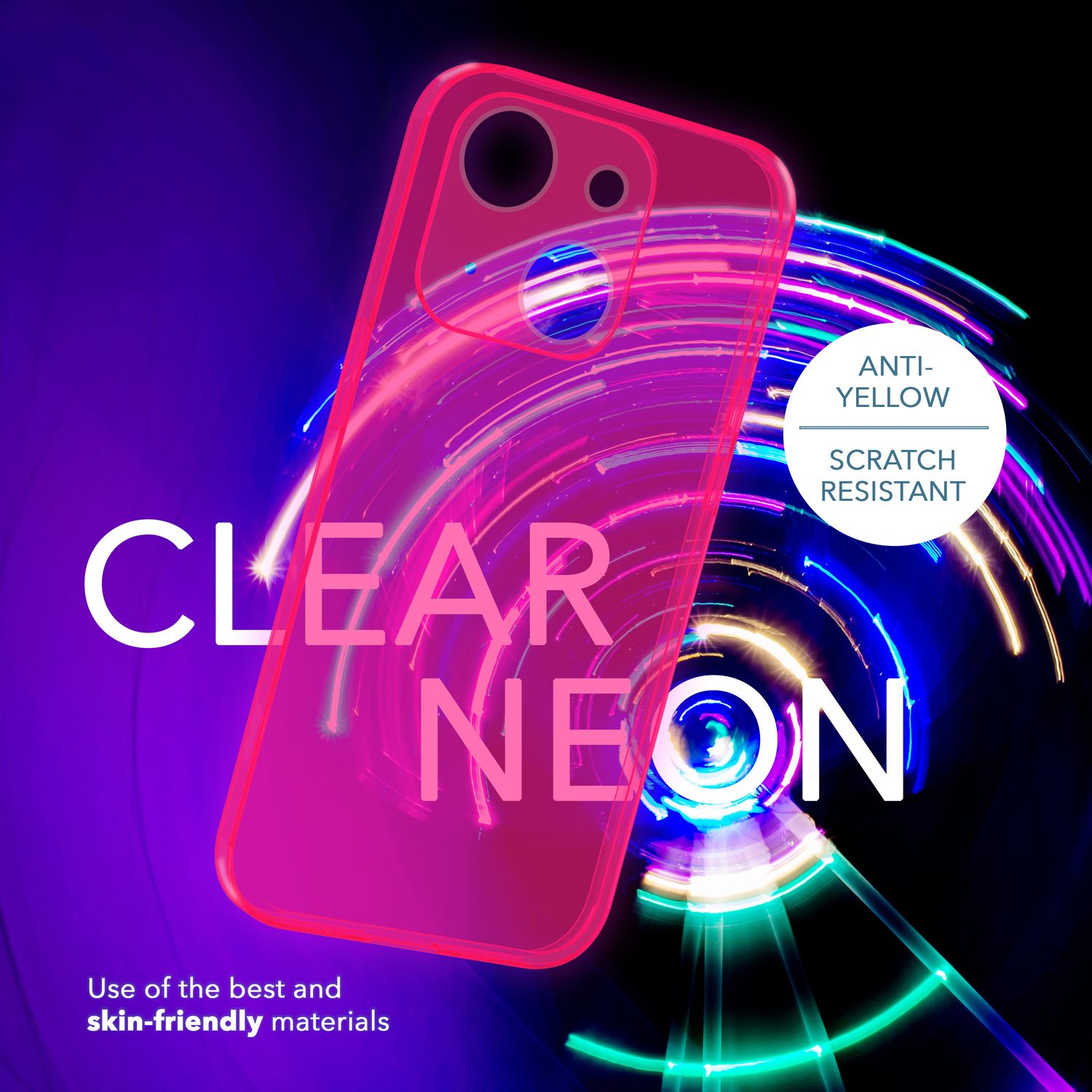 Funda rosa con texto neón claro. Anti-amarillo y resistente a arañazos.