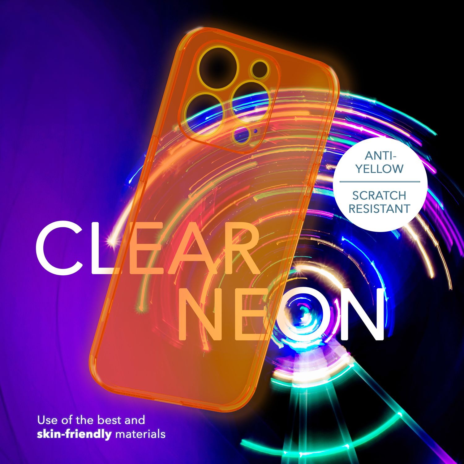Funda de teléfono neón naranja con parte trasera transparente. Texto: 'CLEAR NEON'. Fondo azul y morado.