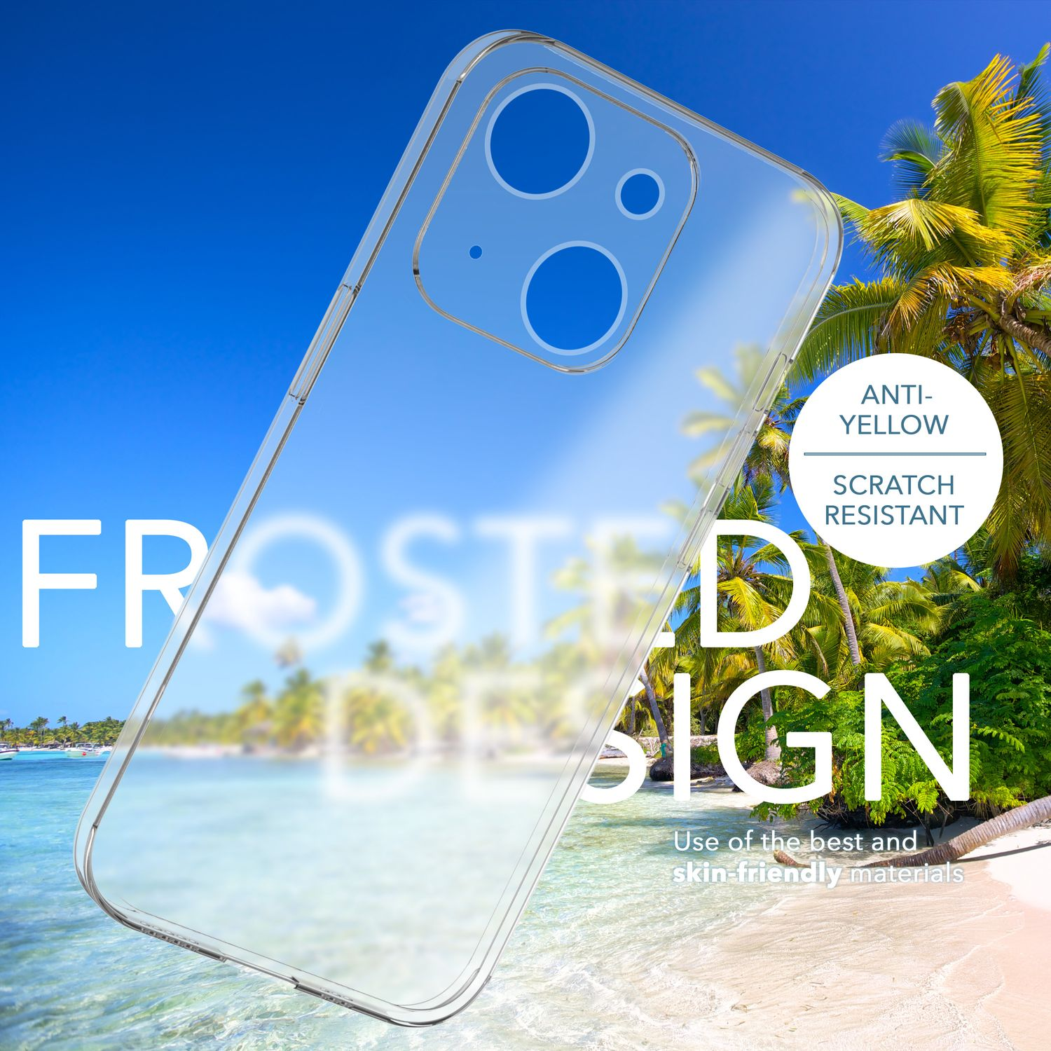 Transparente Handyhülle mit mattiertem Design, anti-gelb und kratzfest, mit Strandhintergrund.