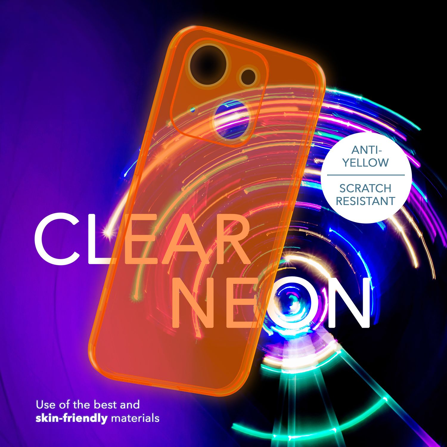 Funda naranja para teléfono con diseño de neón. Texto claro y círculos blancos sobre fondo negro y morado.