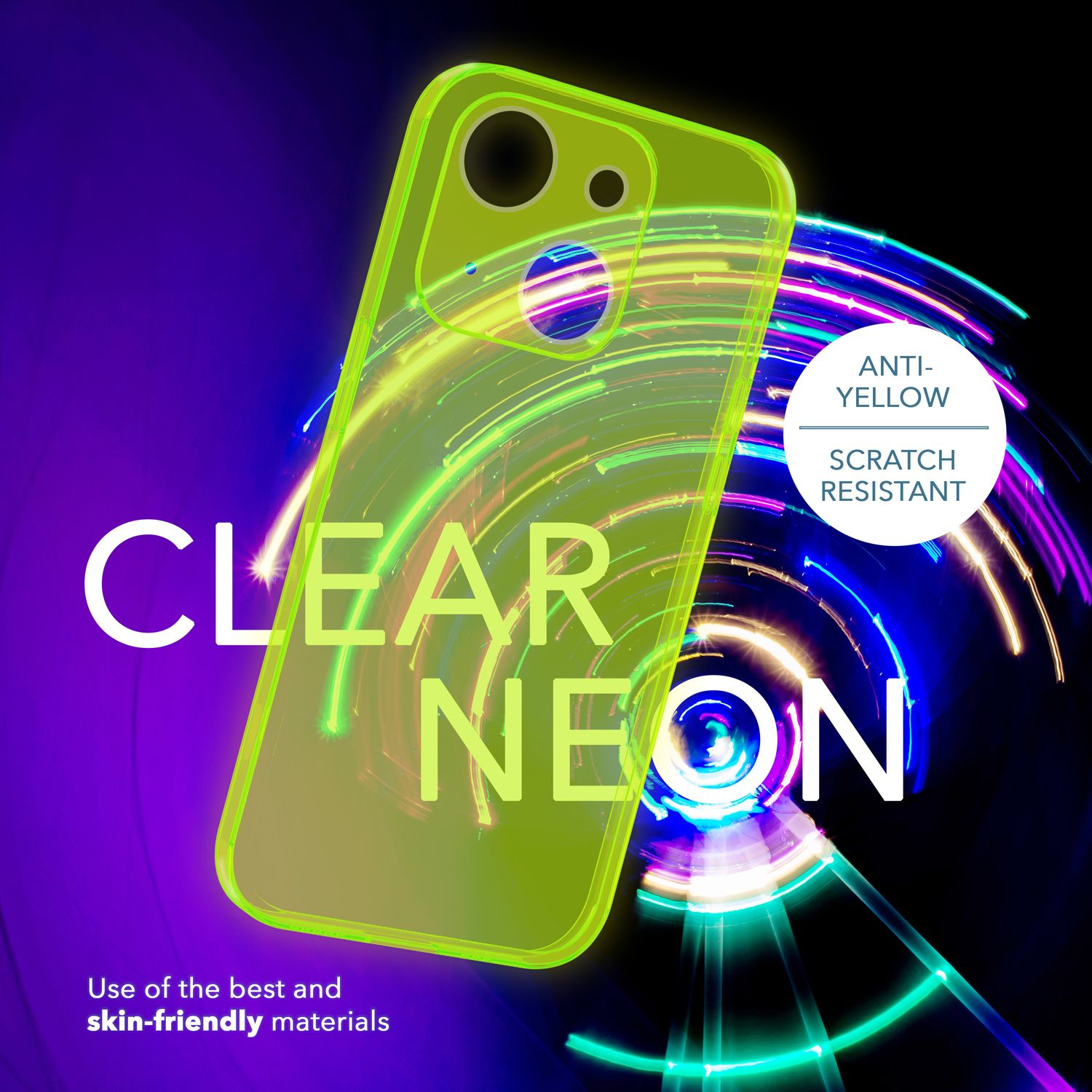 Una funda de teléfono verde neón con un diseño transparente y una mujer con un teléfono en una correa.